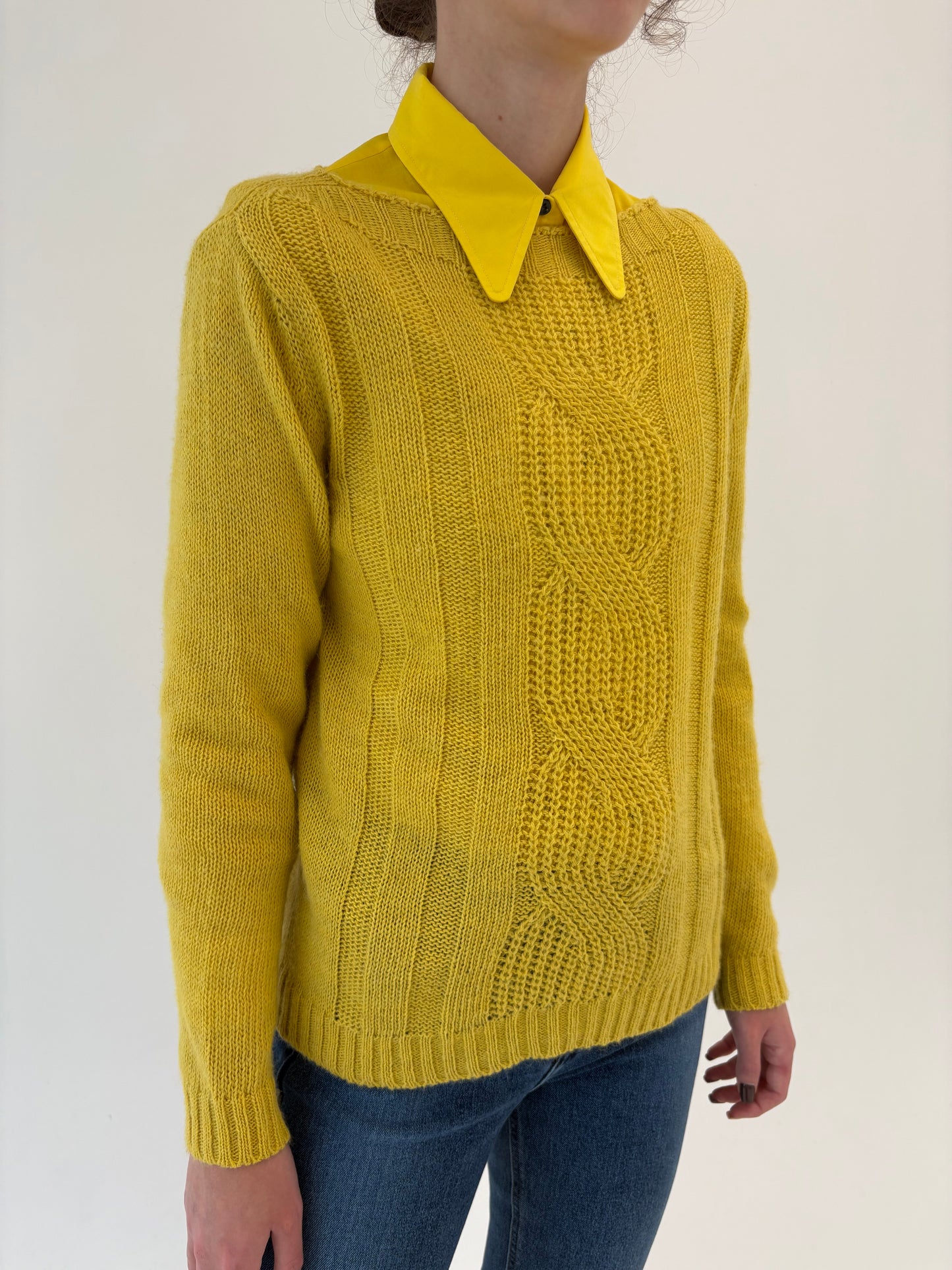 Pulover plin din lana și mohair extrafin mustard yellow