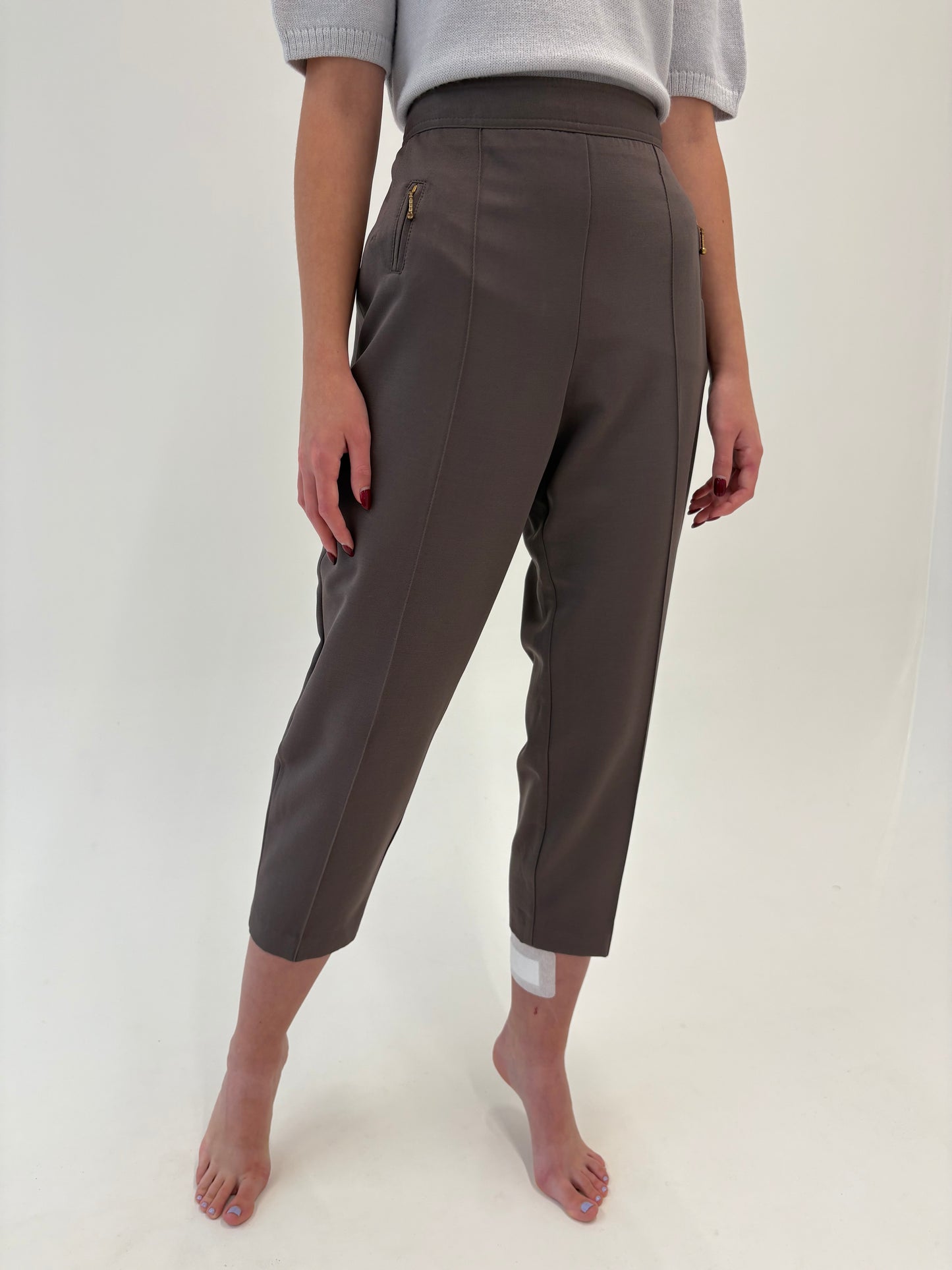Pantaloni chestnut brown țigaretă petite cu talie ultra ultra înaltă