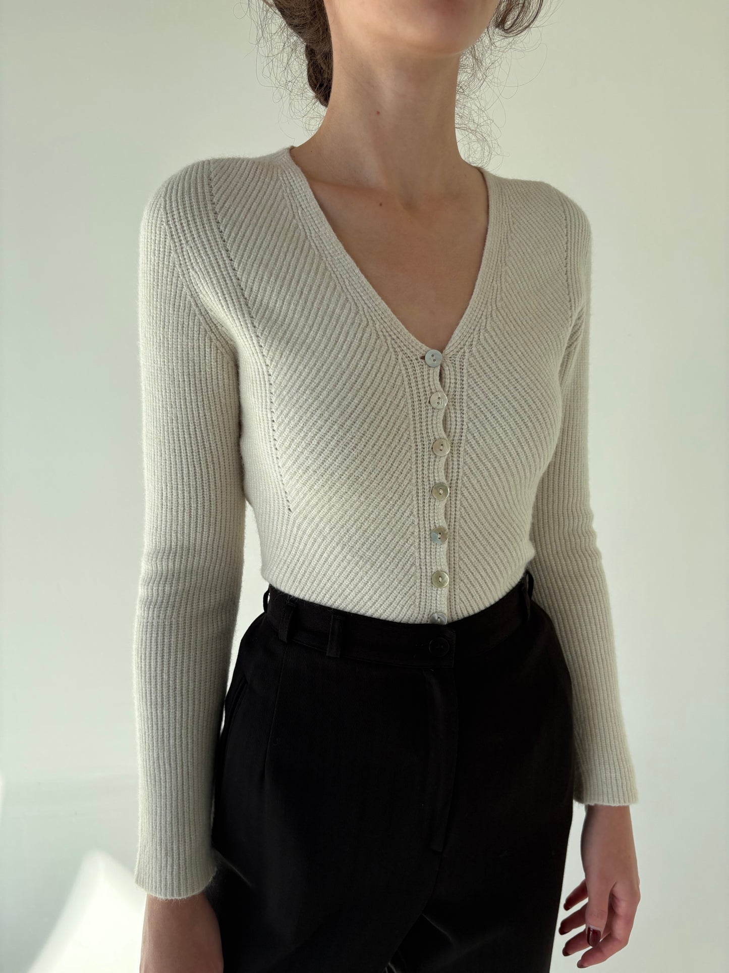 Pulover cambrat super premium off white din lana extrafina multiply de gramaj mare