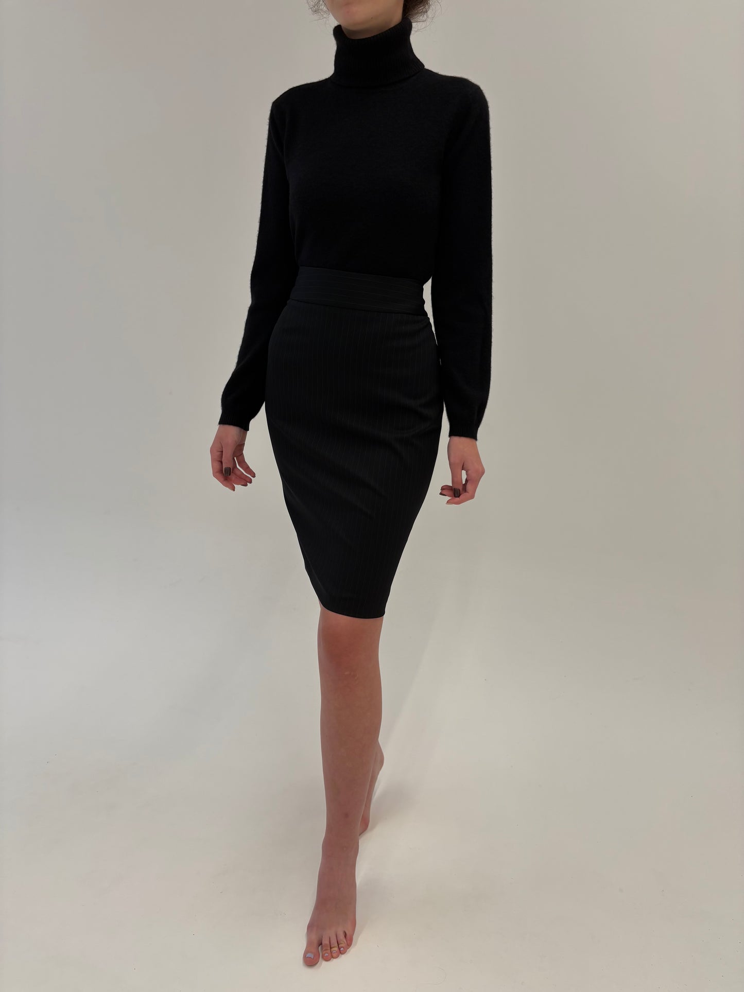 Fustă Hugo Boss din lana extrafina cu dungi fine ivoire verticale