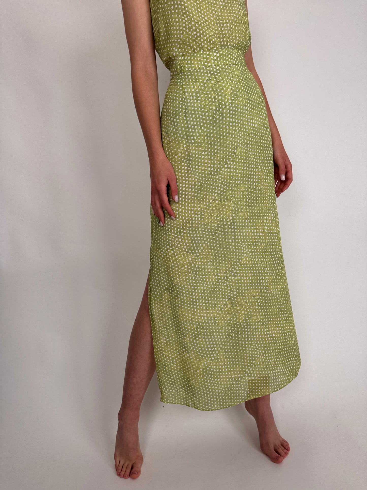 Set vintage în croi minimalist seaweed green cu buline și fustă maxi