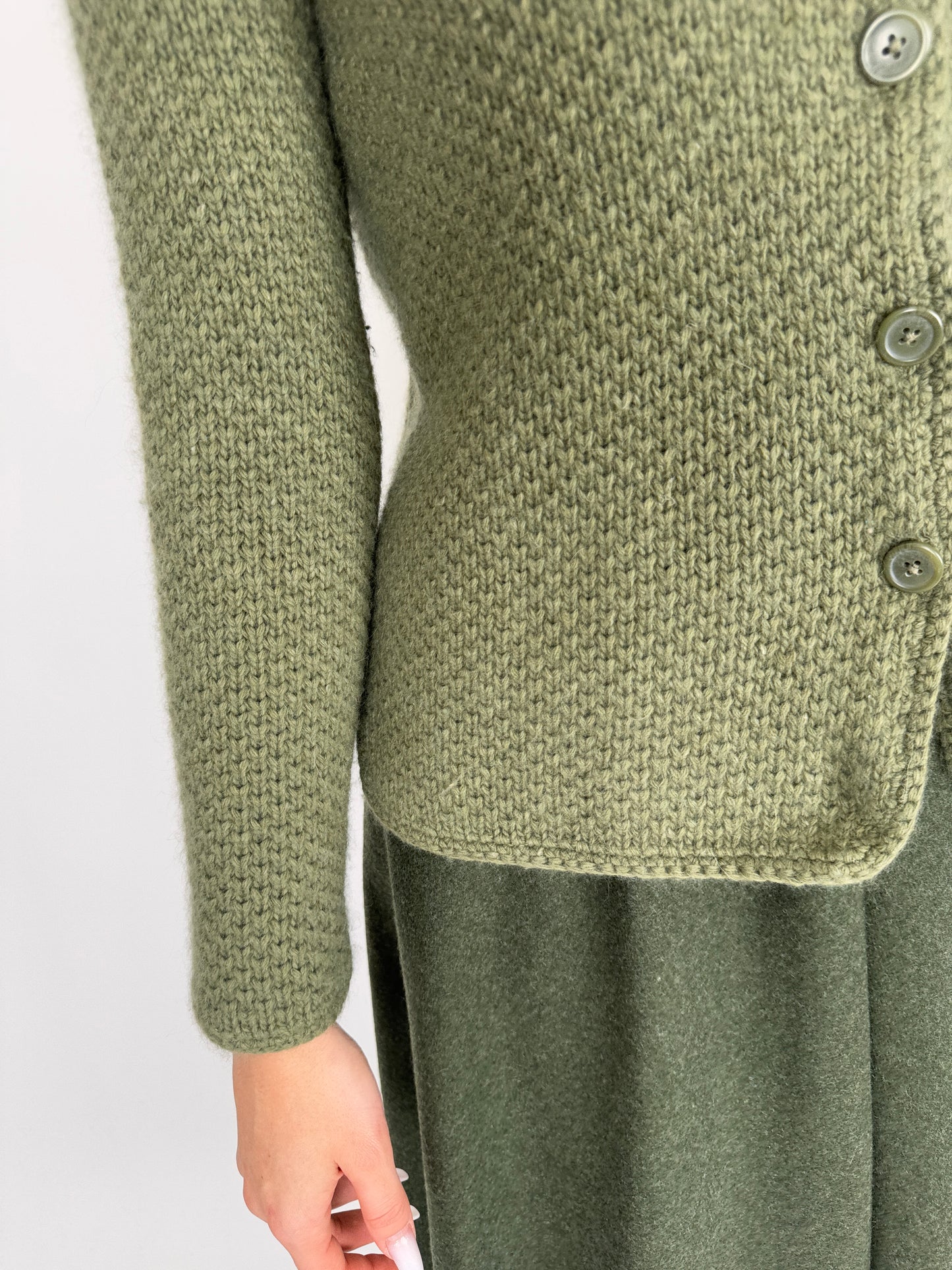 Cardigan vintage kaki texturat cu guler din lana extrafina și Angora