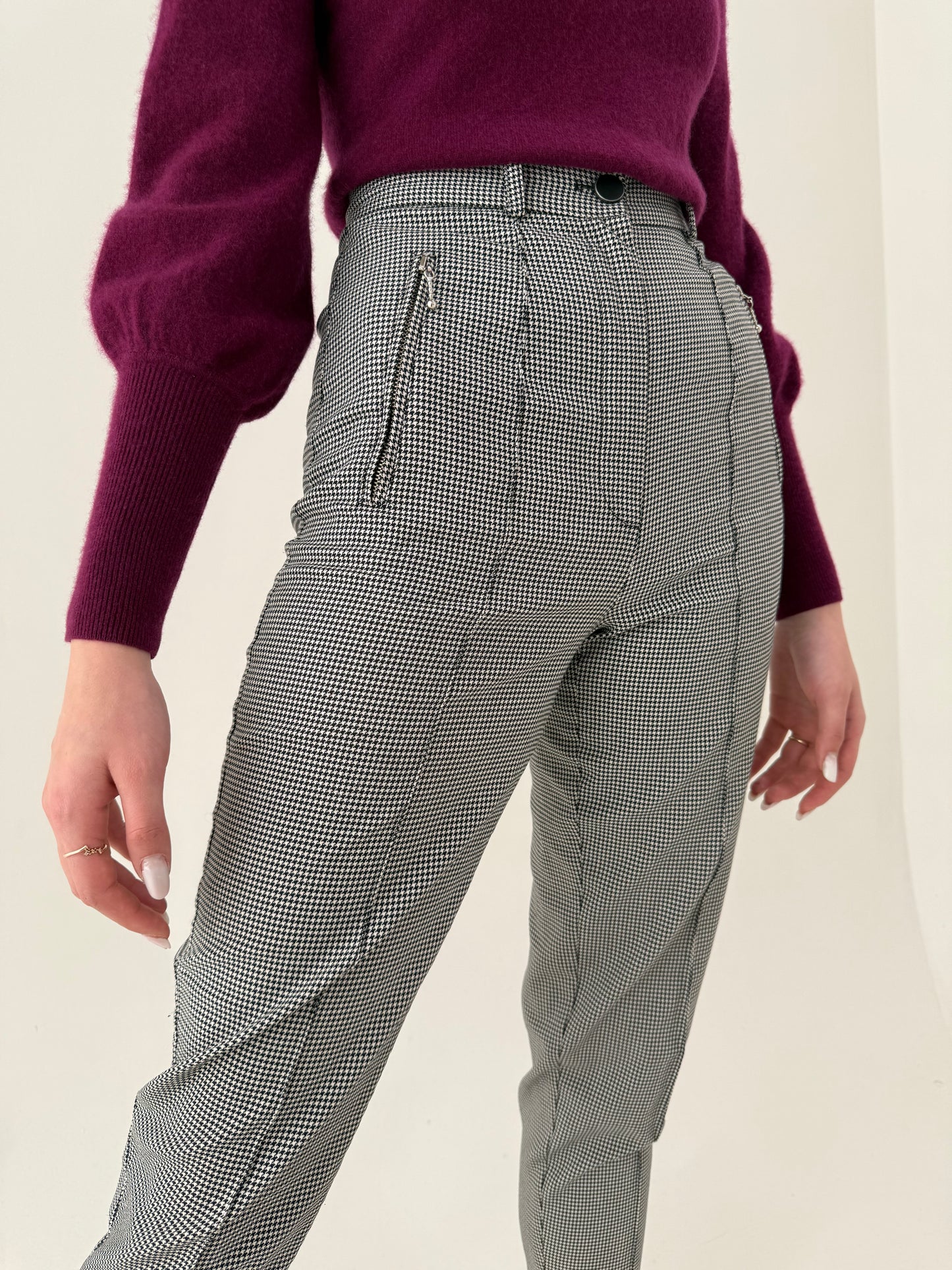Pantaloni vintage pied de coq alb negru modelatori cu talie ultra înaltă