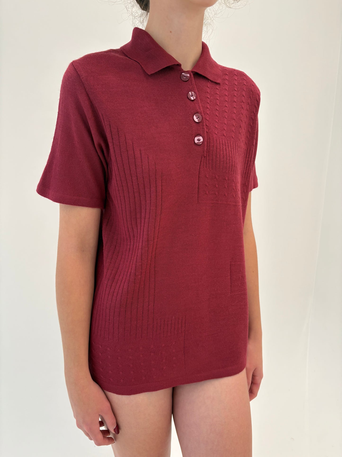 Top vintage polo burgundy din mix de lana merino extrafina