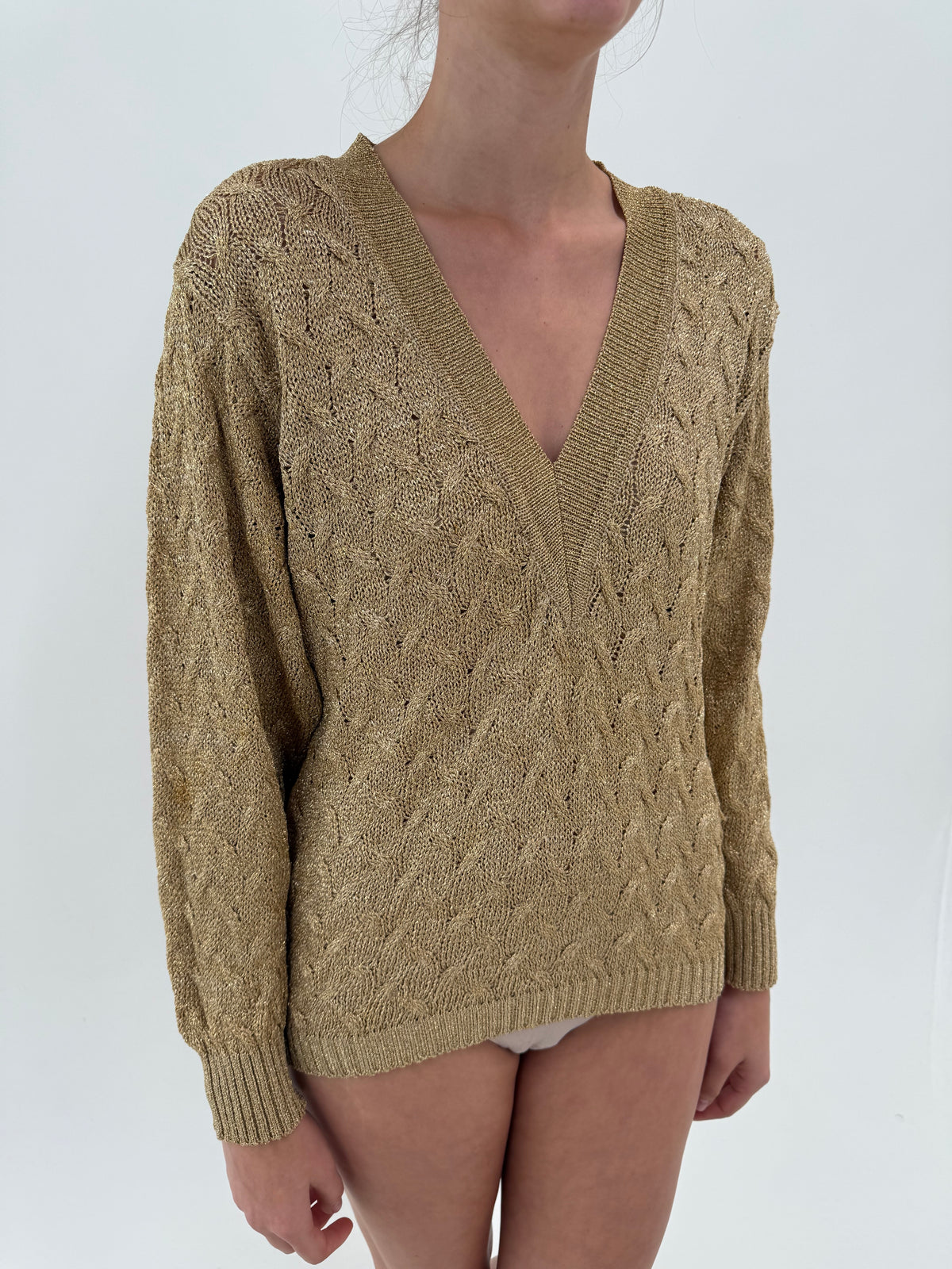 Pulover vintage dusty gold spectaculos cu torsade din lurex