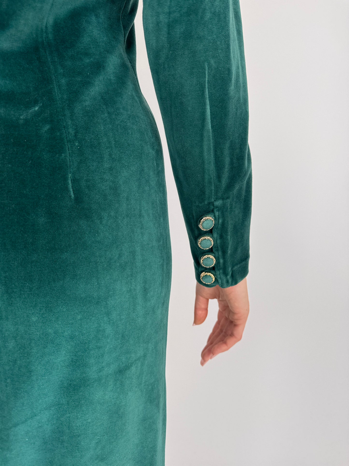 Rochie vintage din catifea strech de bumbac verde smarald