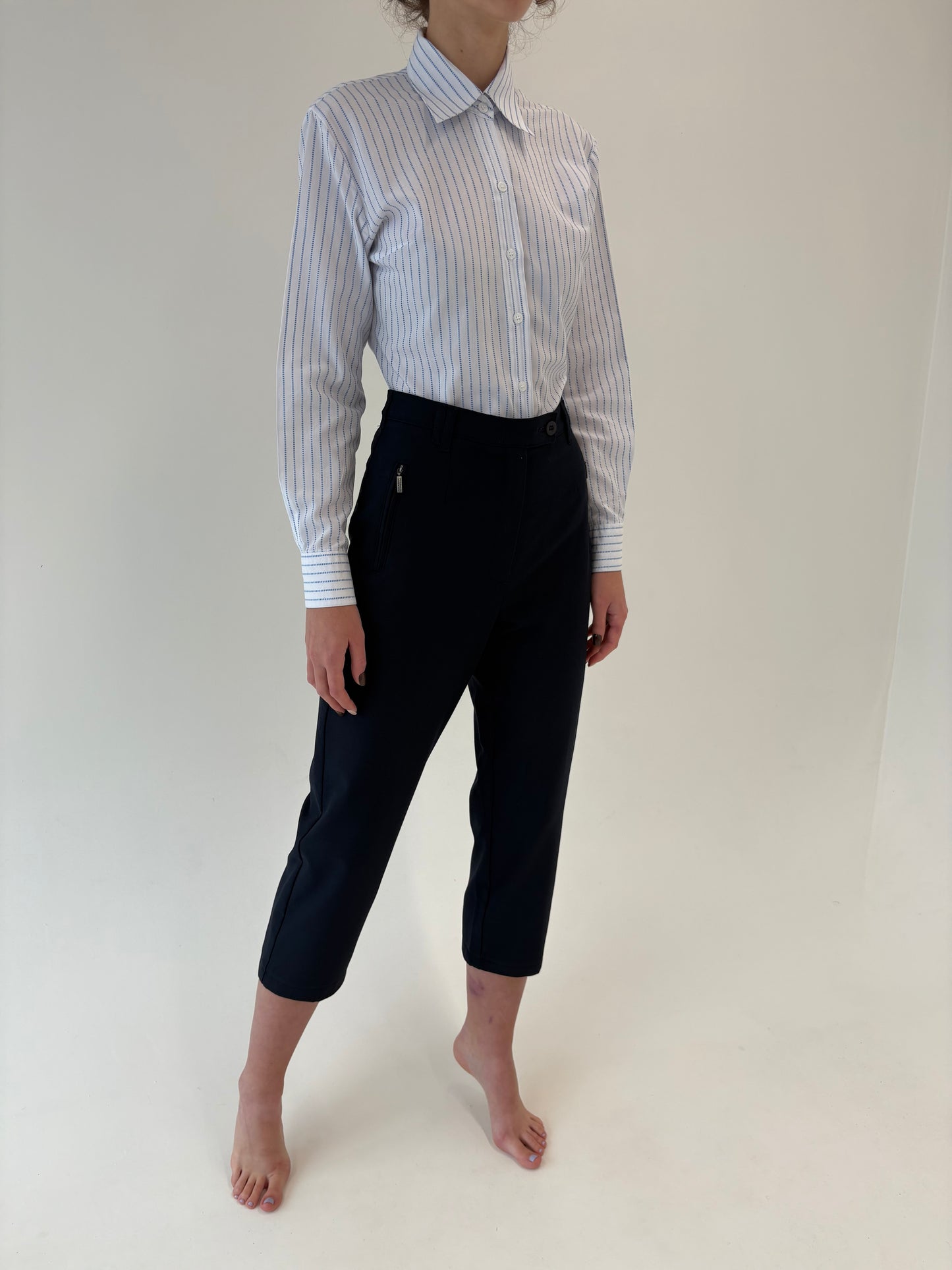 Pantaloni petite țigaretă cu talie înaltă din stofita strech Navy blue
