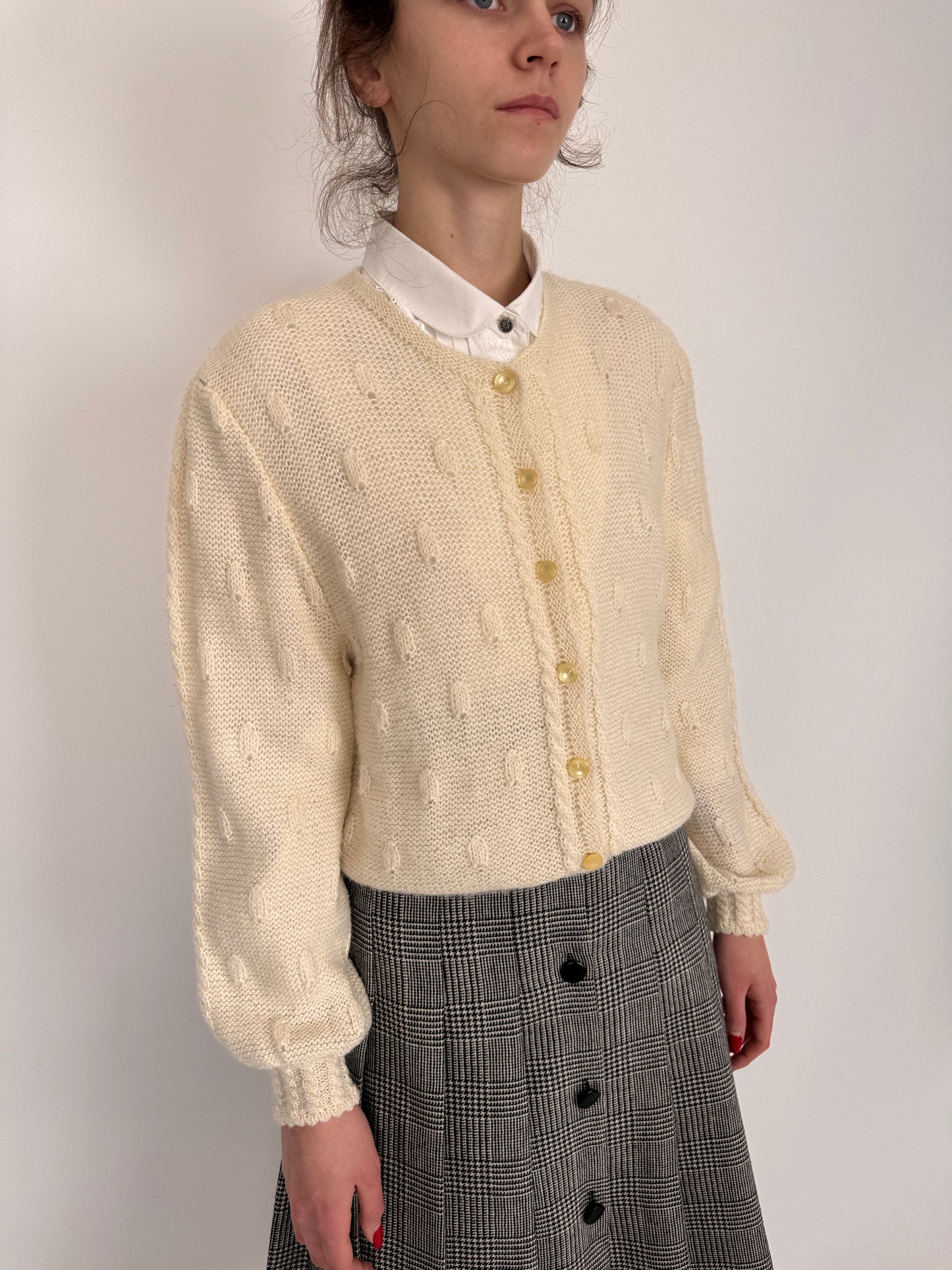 Cardigan vintage ivoire gros din baby mohair lucrat texturat