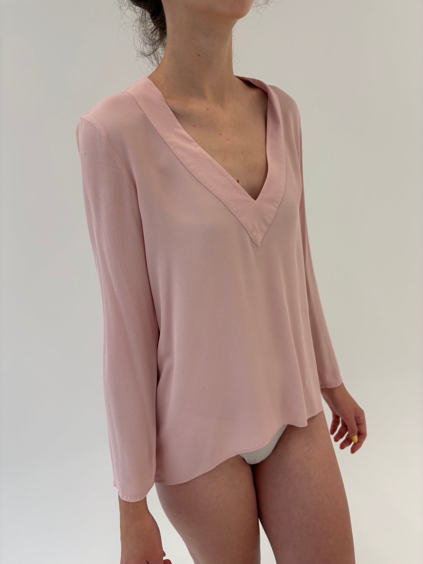 Tunica din mătase naturală mată powder Pink cu mâneci ușor evazate