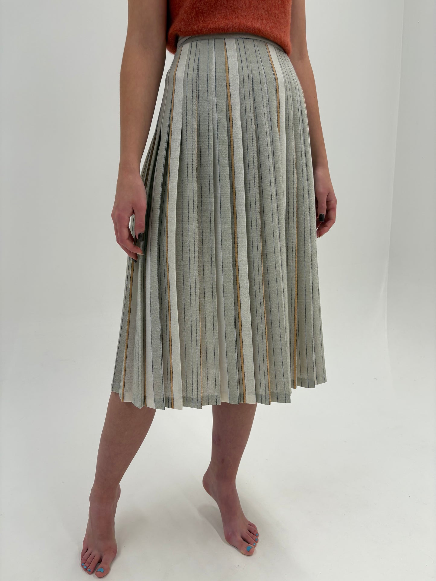 Fustă vintage midi plisată în nuanțe pudrate cu talie ultra înaltă din lana