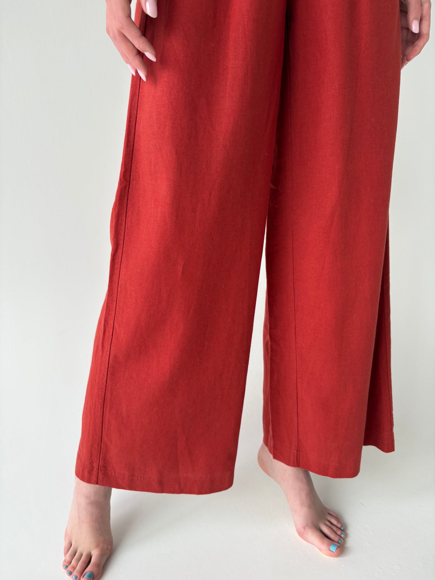 Pantaloni tall palazzo din in cu talie ultra înaltă marcată ușor strech
