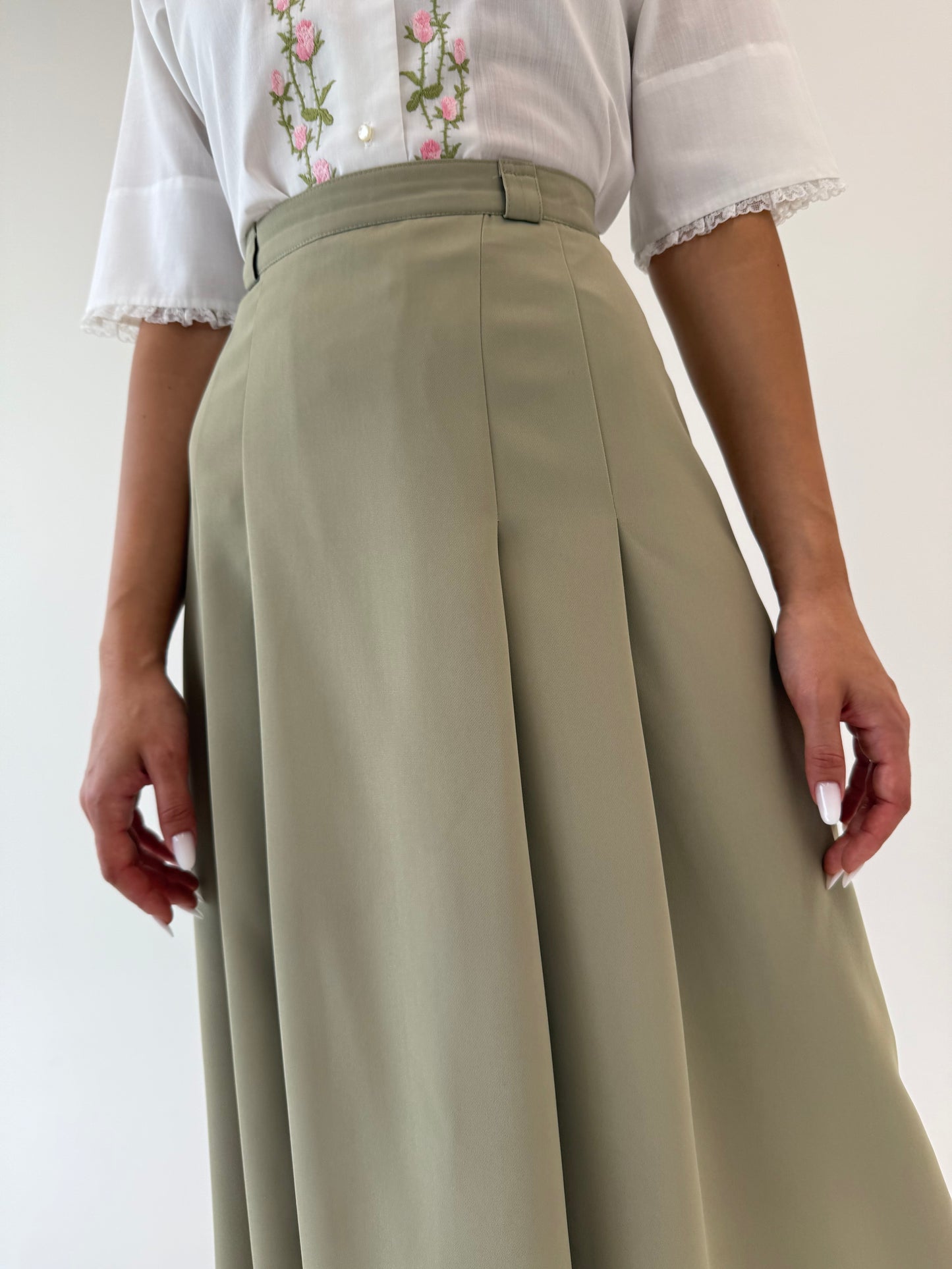 Fustă vintage midi spre maxi green nude din Georgette greu