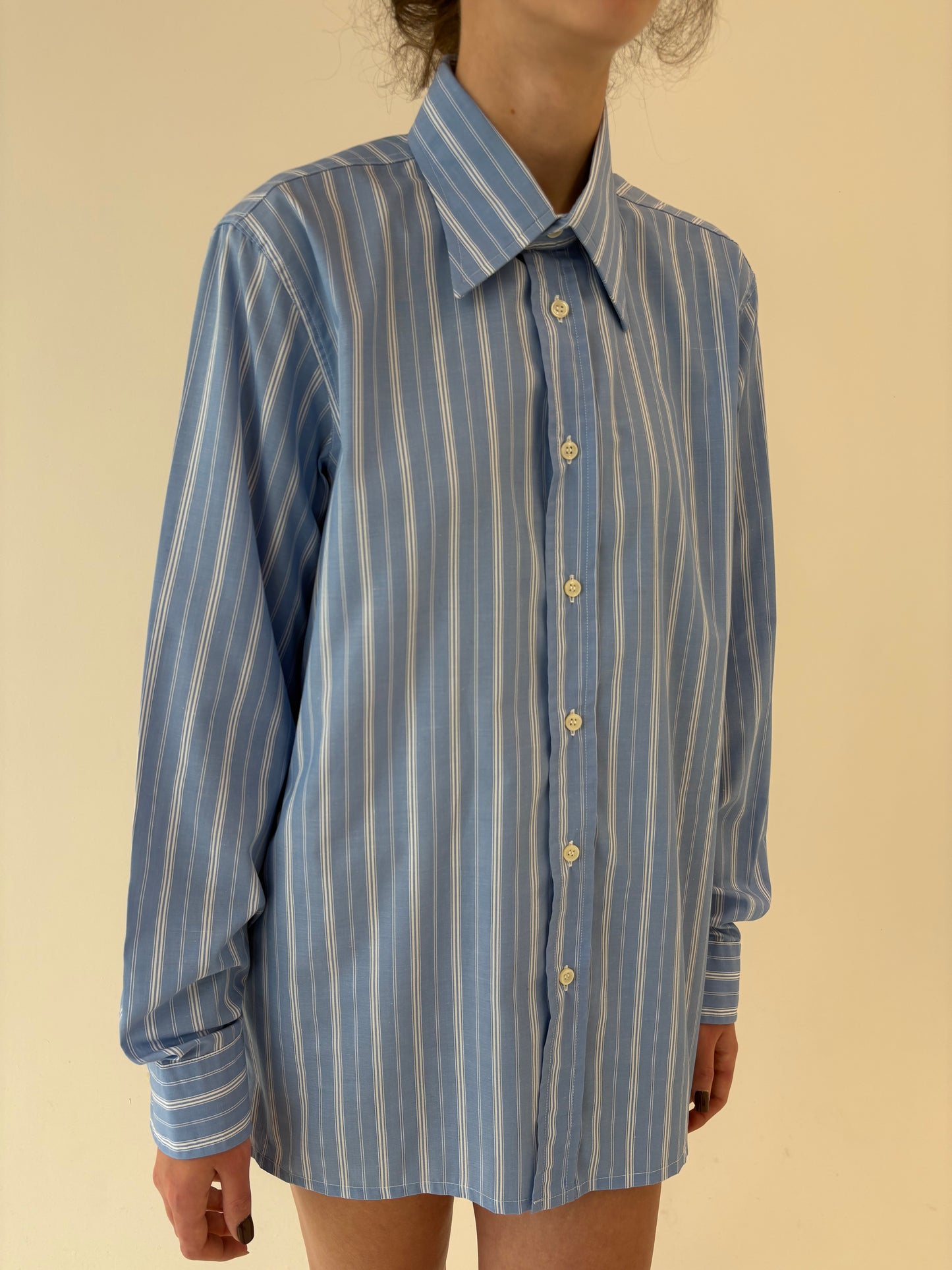 Cămașa premium baby blue cu dungi verticale din poplin plin de bumbac