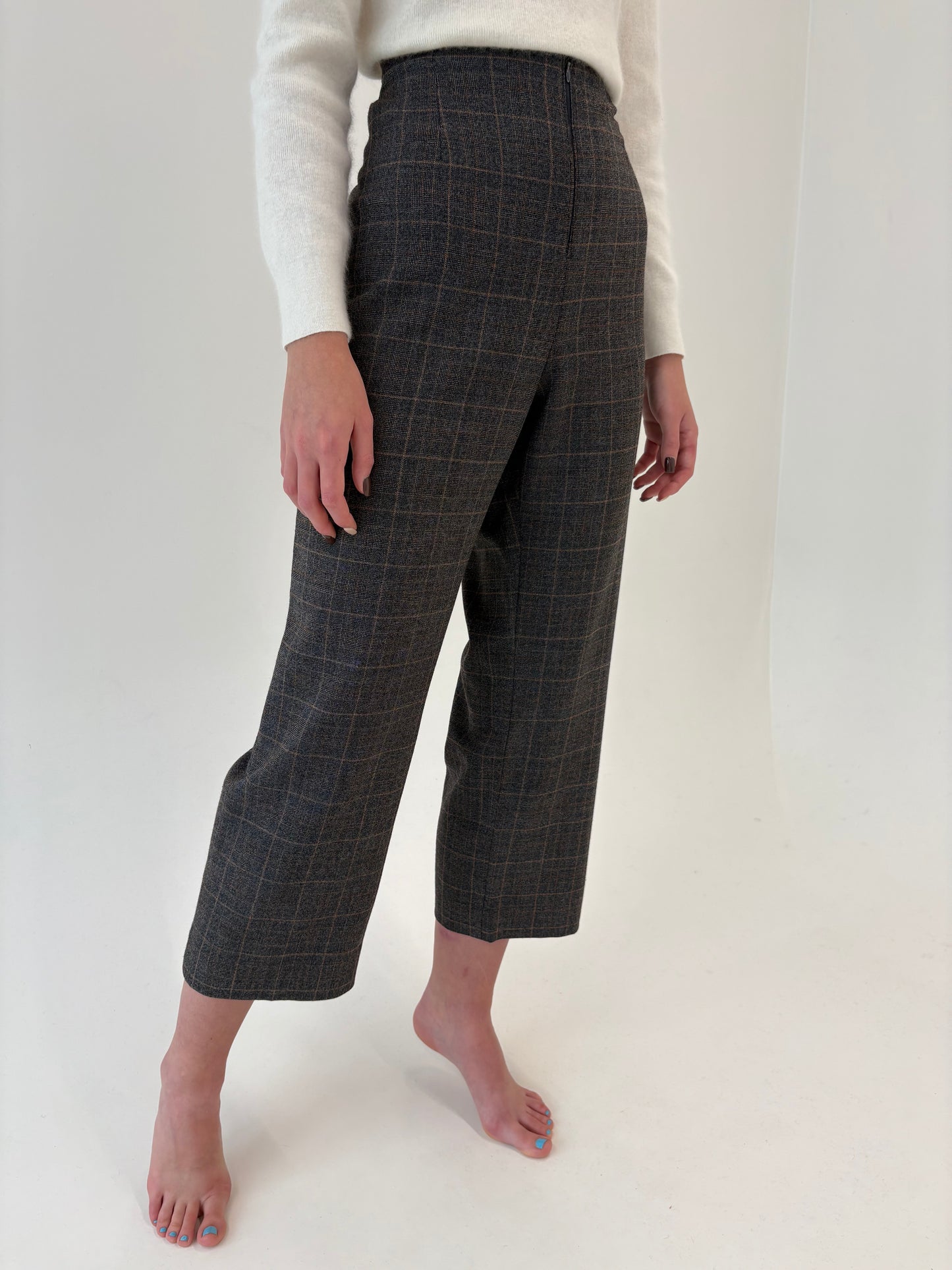 Pantaloni din lana extrafina confort cu talie ultra înaltă și carouri camel