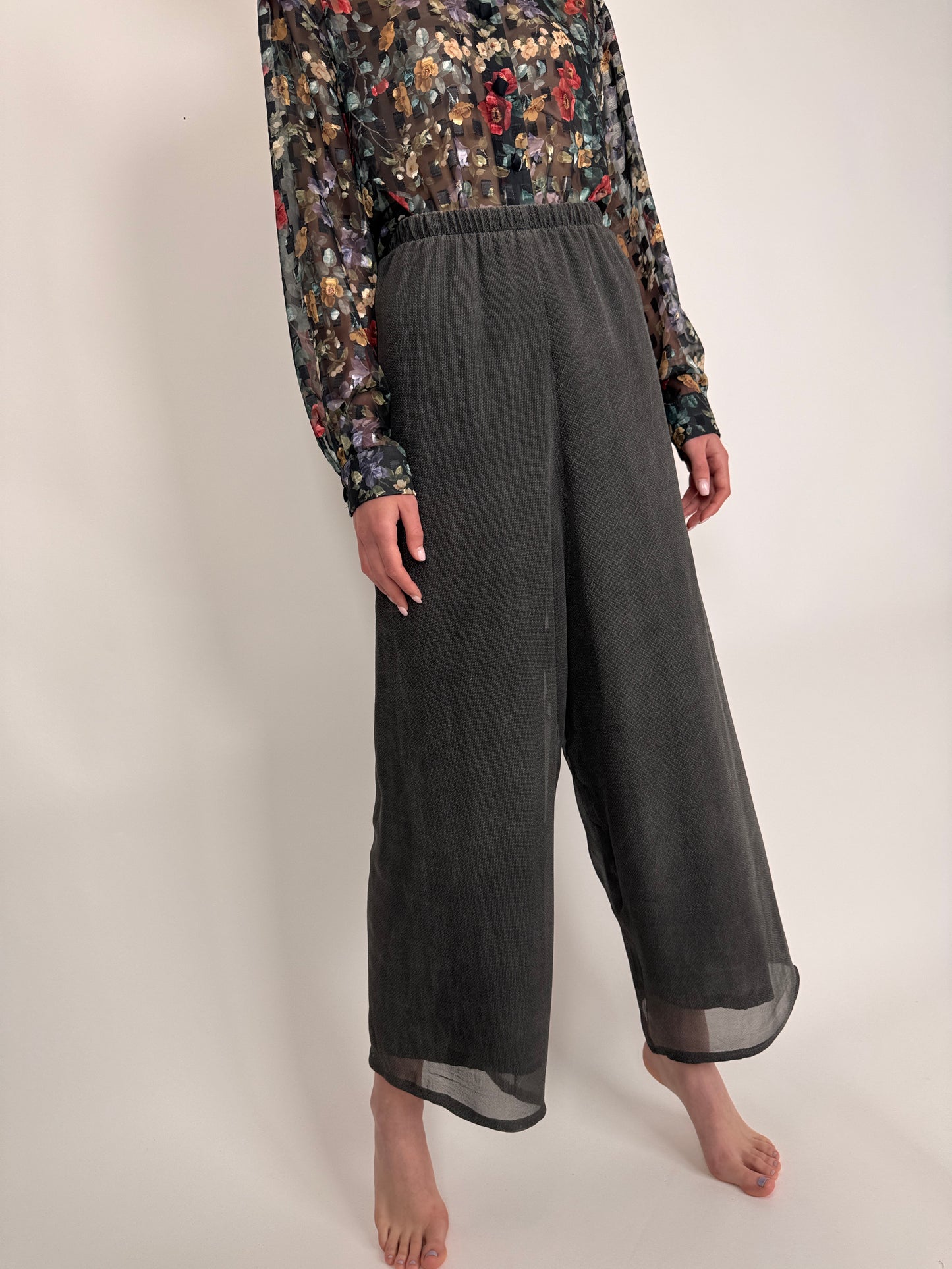 Pantaloni palazzo din mătase naturală mată texturată cu talie ultra înaltă