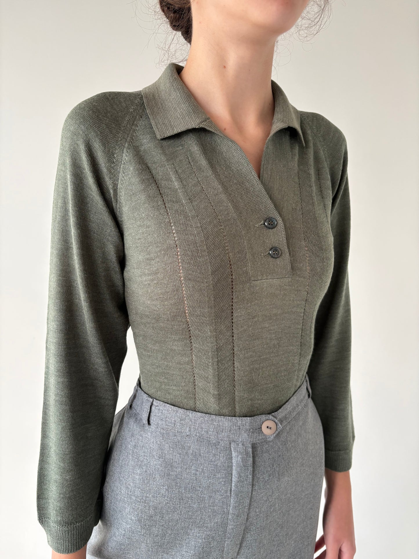 Pulover vintage polo petite verde Sage din lana extrafina