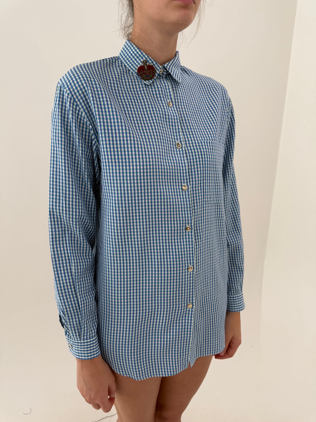 Cămașa vintage gingham din bumbac excepțional cu emblemă pe guler