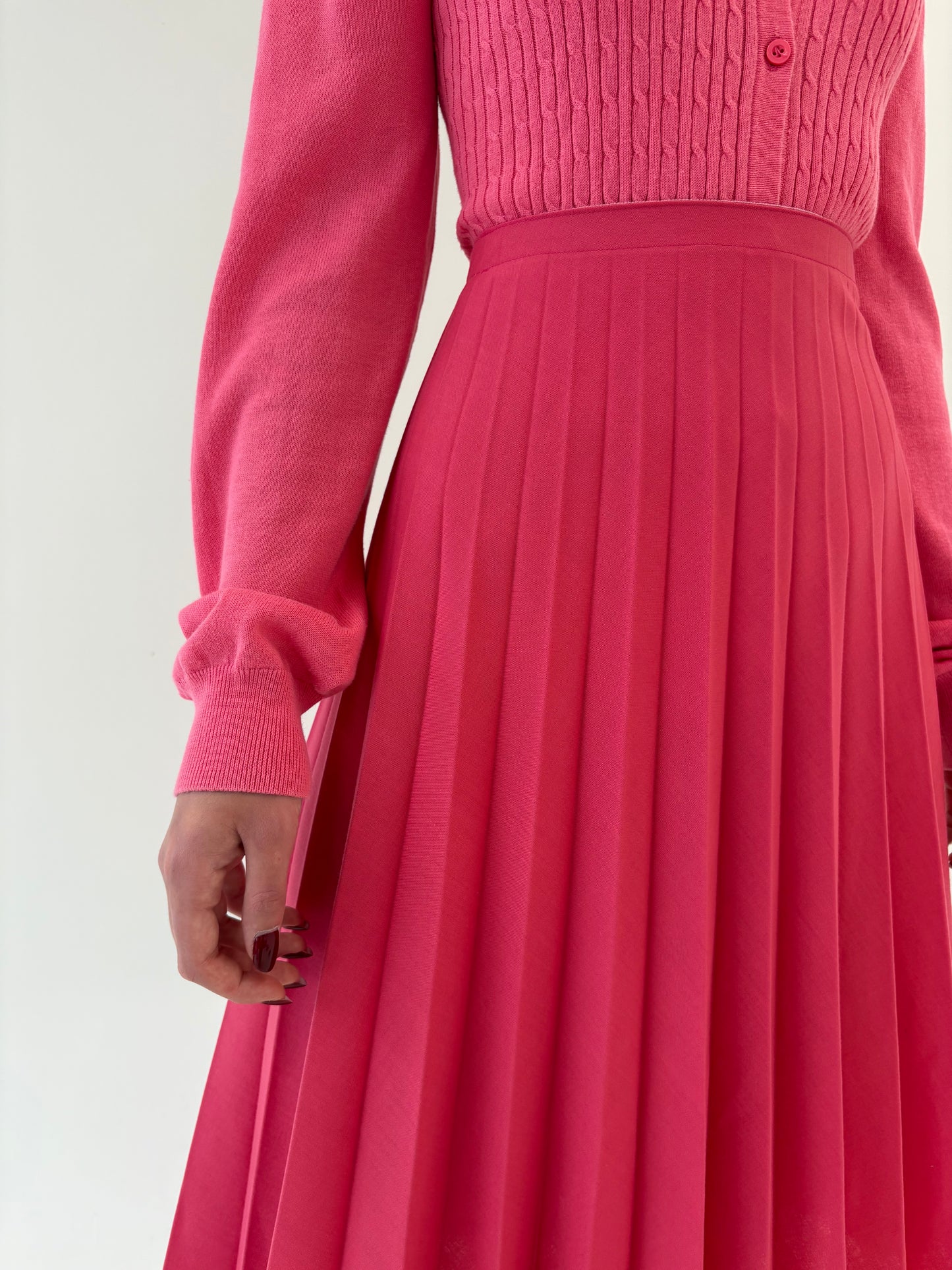 Fustă vintage plisată Barbie pink din stofita din mix de lana extrafina