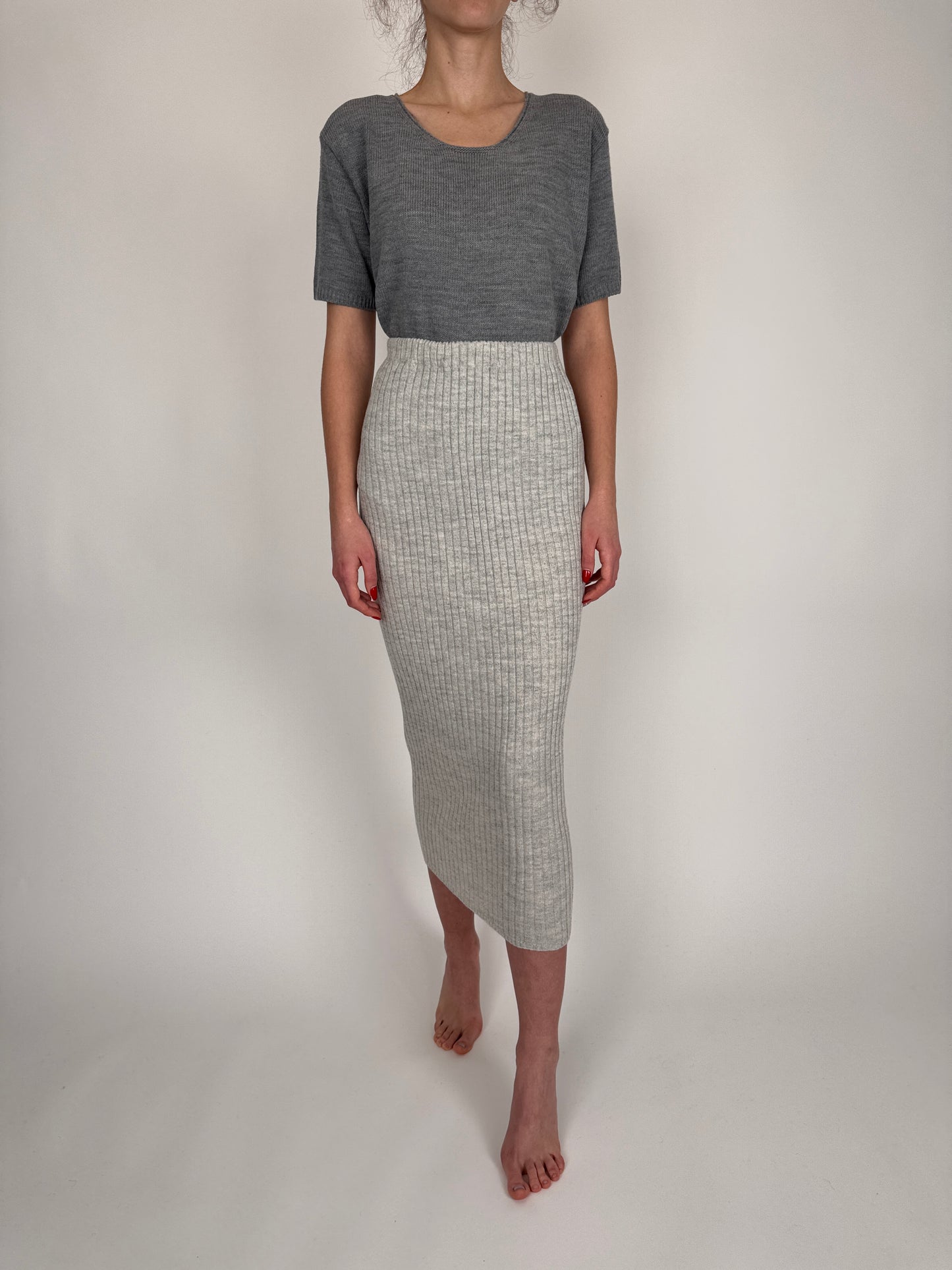 Fustă maxi din tricot plin ribbed de lana extrafina plină cloud gray
