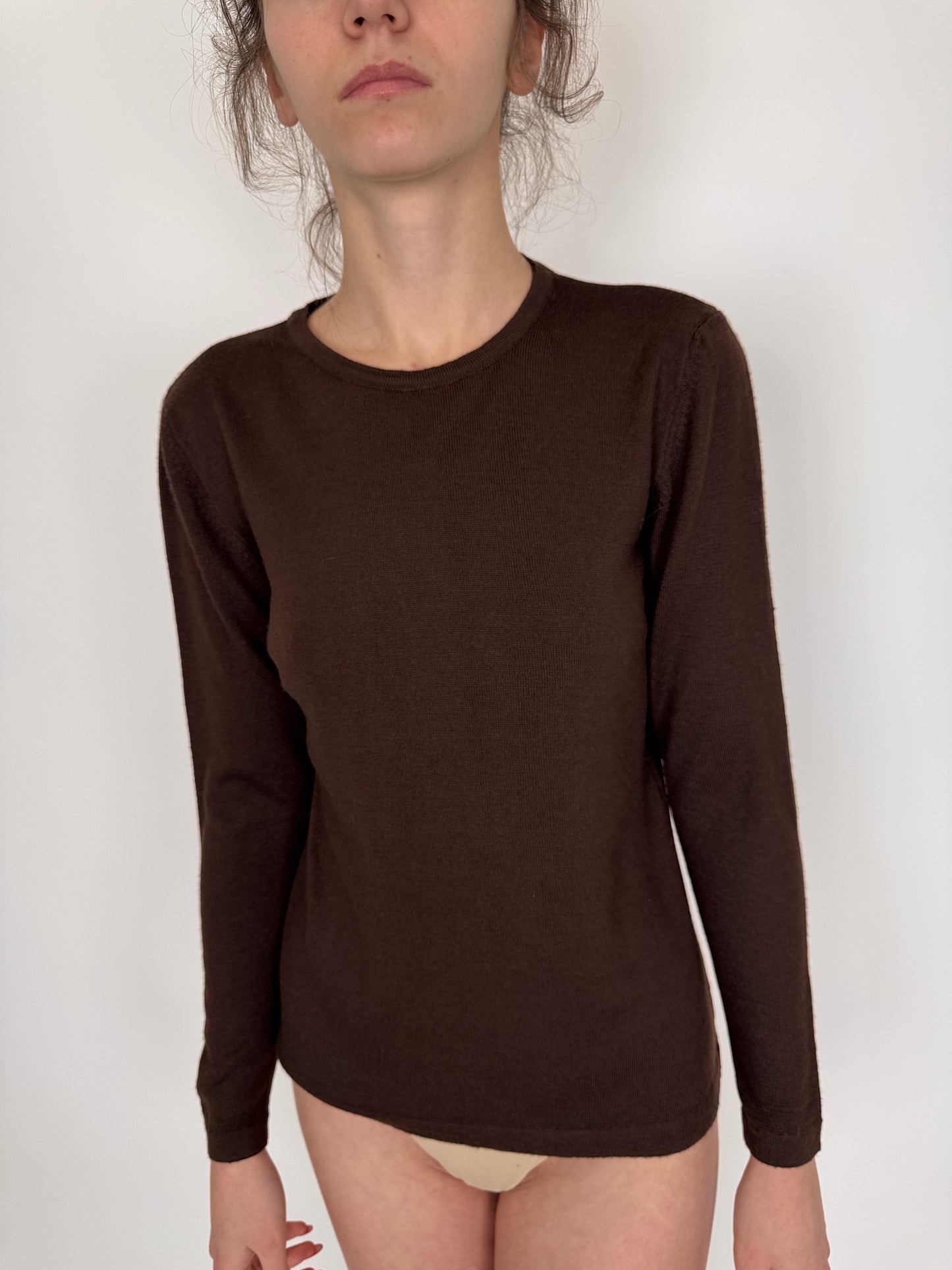 Pulover subtire italian chocolate brown din mix de lana merino extrafina