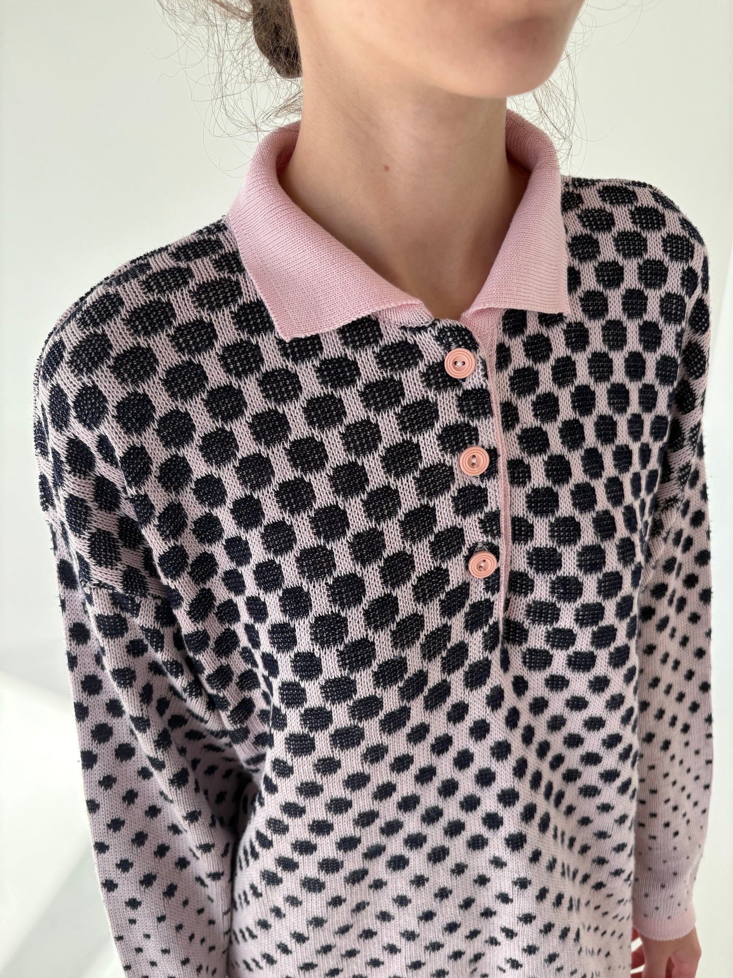 Pulover vintage polo roz pudrat cu Navy din mix de lana extrafina