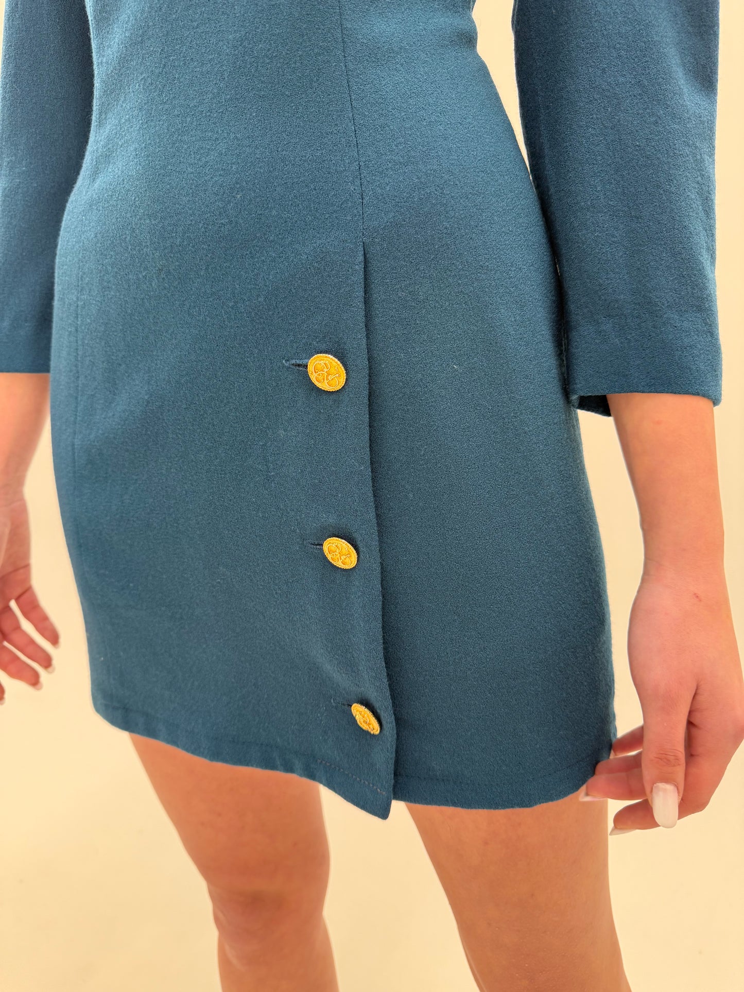 Rochie vintage italiană dark teal cu talie marcată din lana extrafina certificată