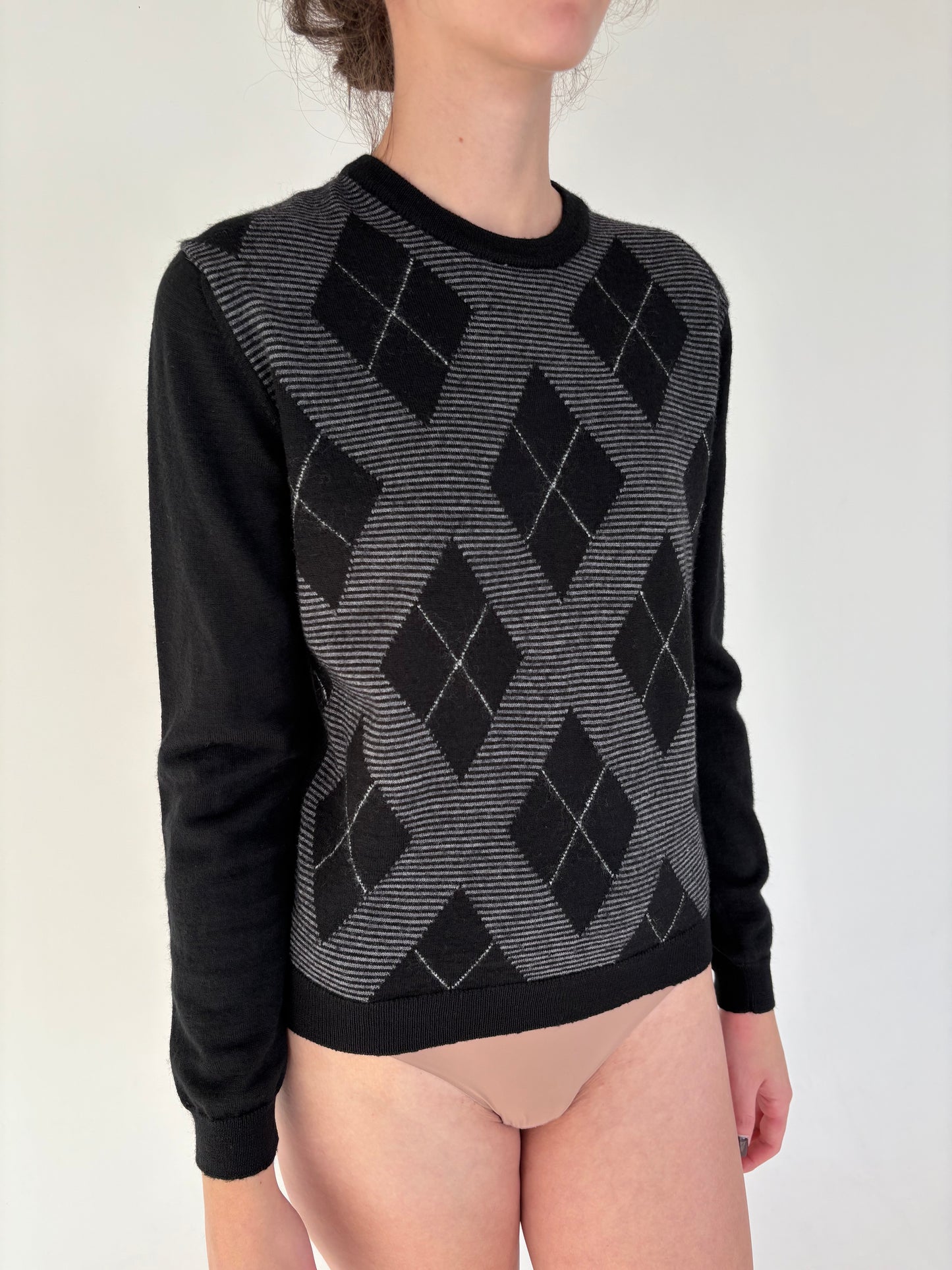 Pulover negru din lana merino extrafina cu romburi