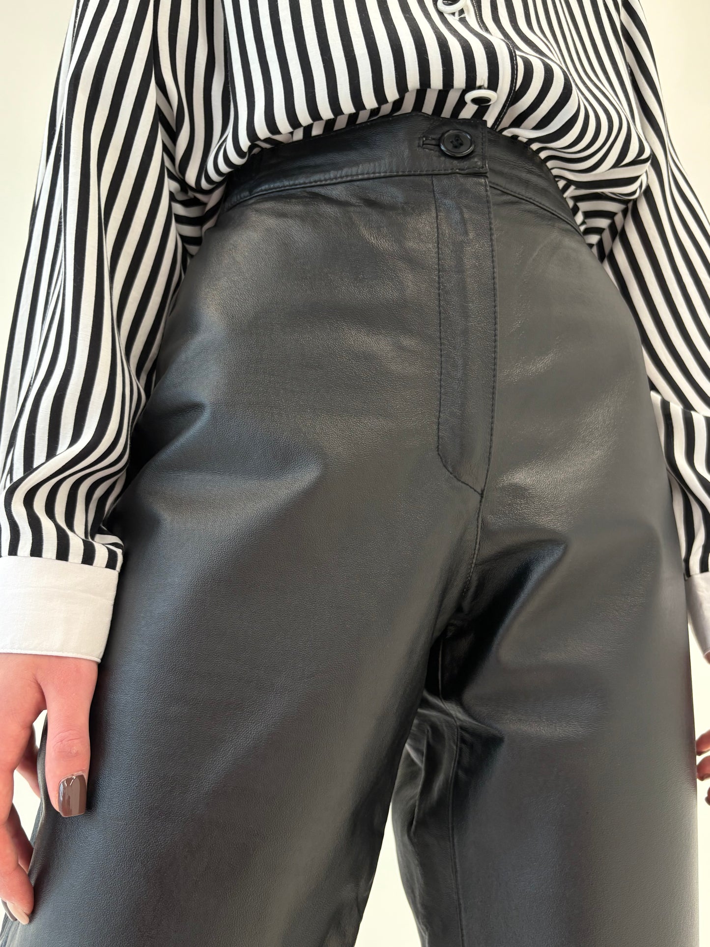 Pantaloni din piele naturală 3/4 cu talie ultra înaltă mom fit