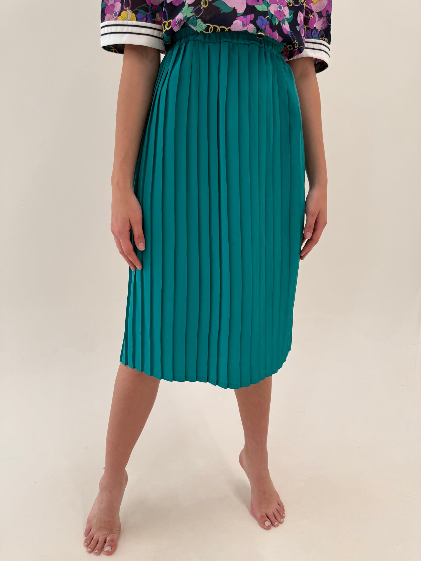 Fustă vintage plisată din vâscoza teal blue cu talie ultra înaltă elastică