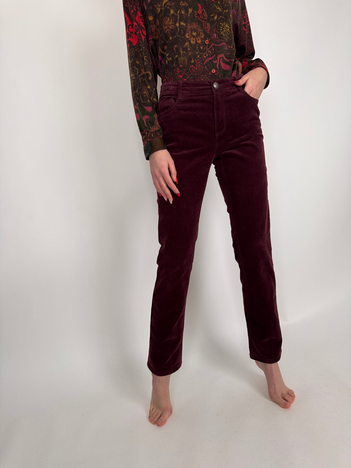 Pantaloni tall burgundy din catifea de bumbac cu elastan