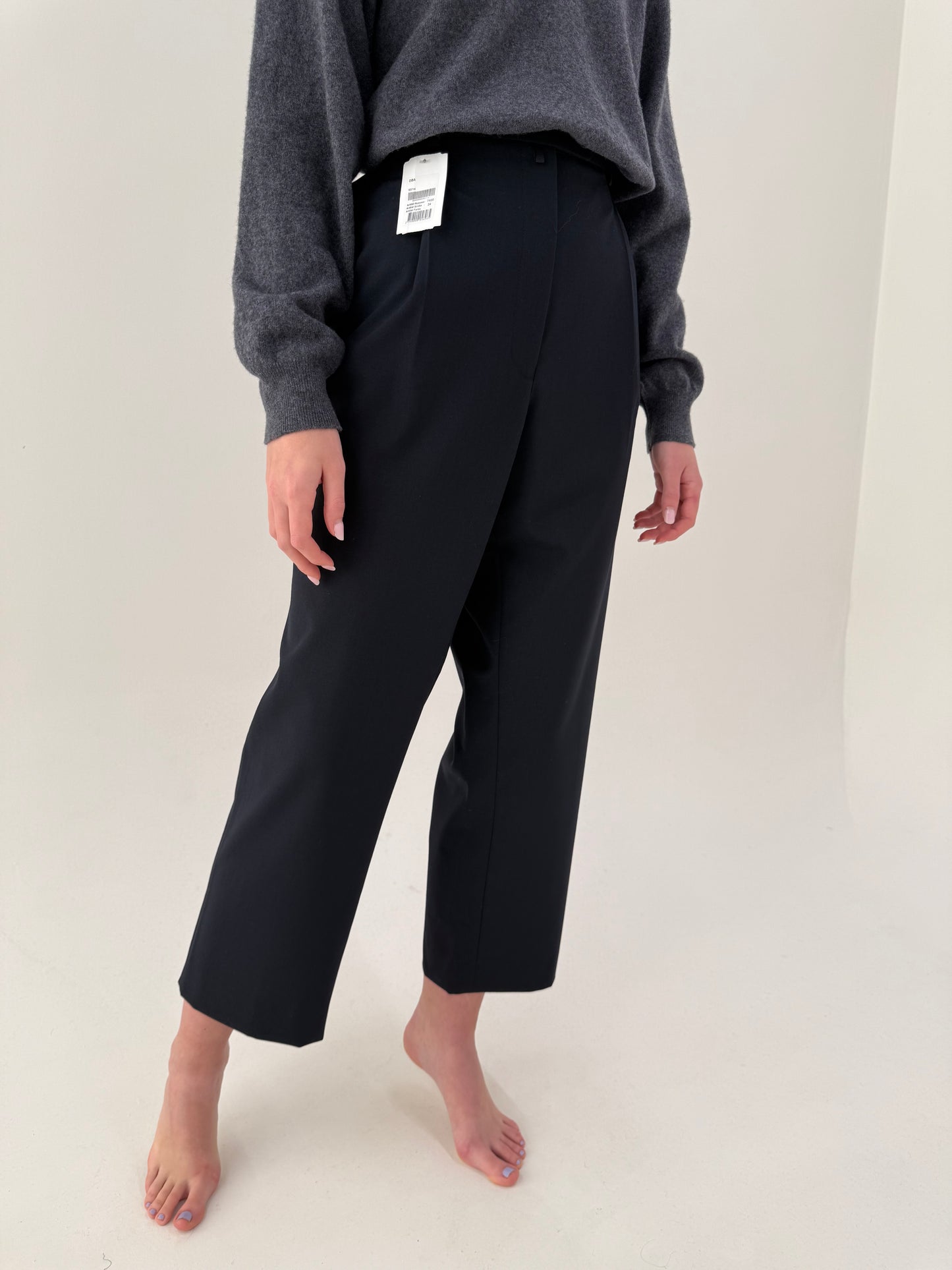 Pantaloni Navy noi cu etichetă din lana plină cu talie înaltă și pense