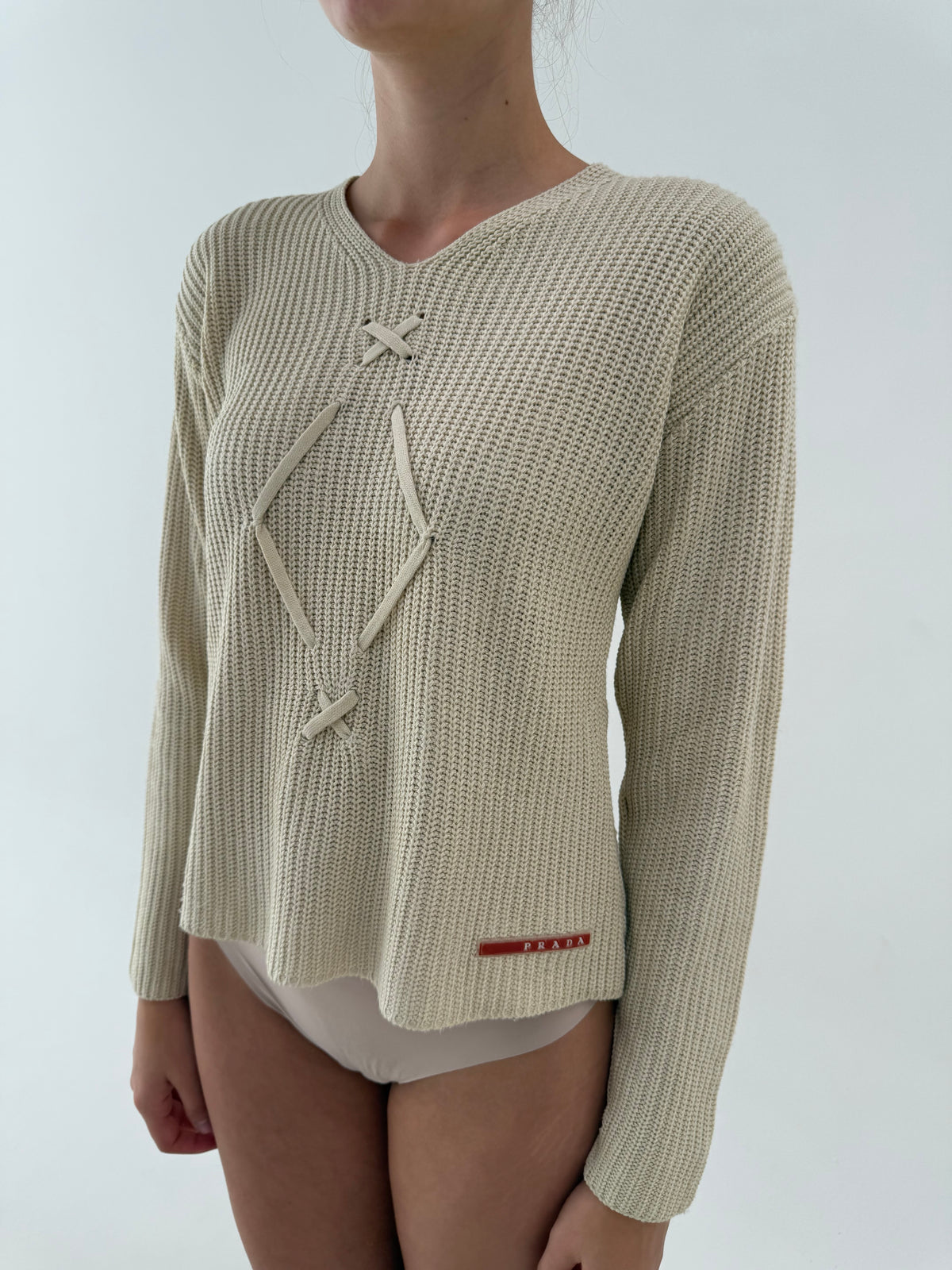Pulover Prada vintage din bumbac gros cu lana camel texturat