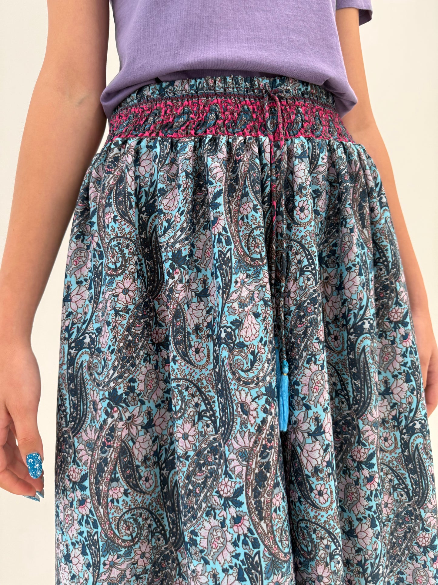 Pantaloni palazzo boho din mătase naturală cu talie ultra marcată elastică