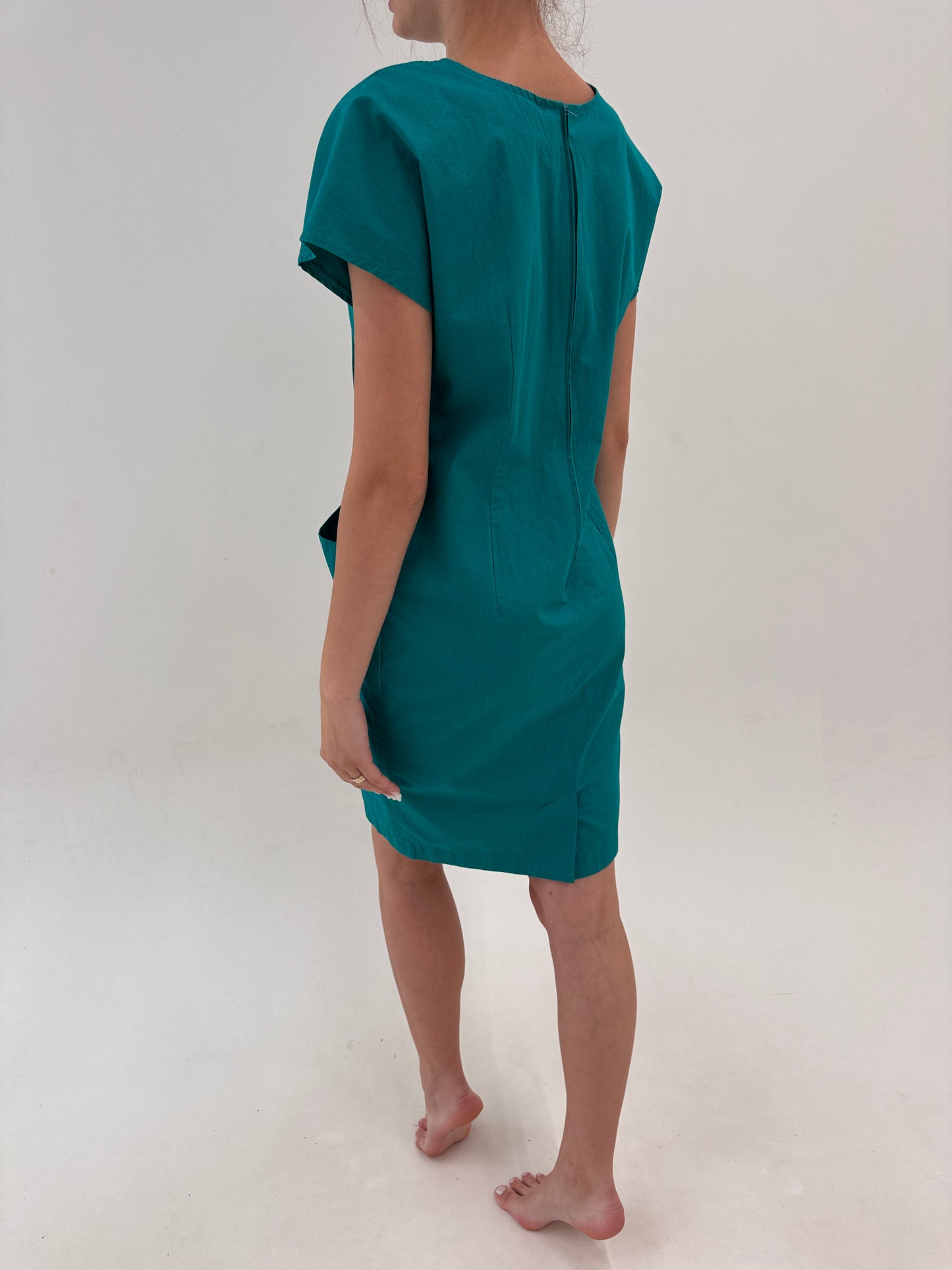 Rochie italiana în croi retro modern cu buzunare teal green din poplin premium