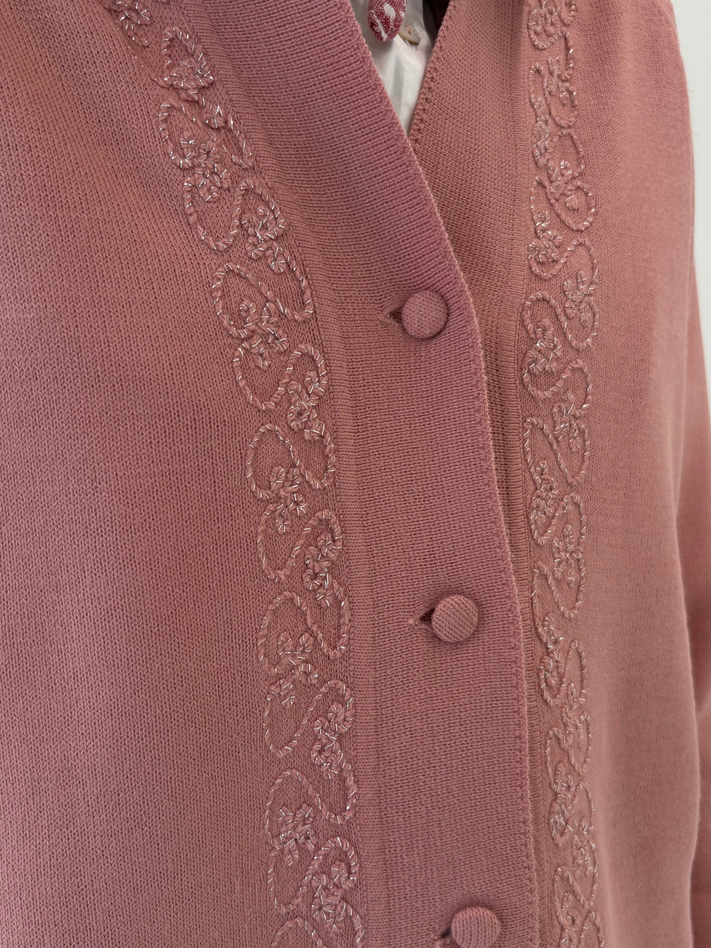 Cardigan powder Pink in stil sacou cu broderie din lana extrafina