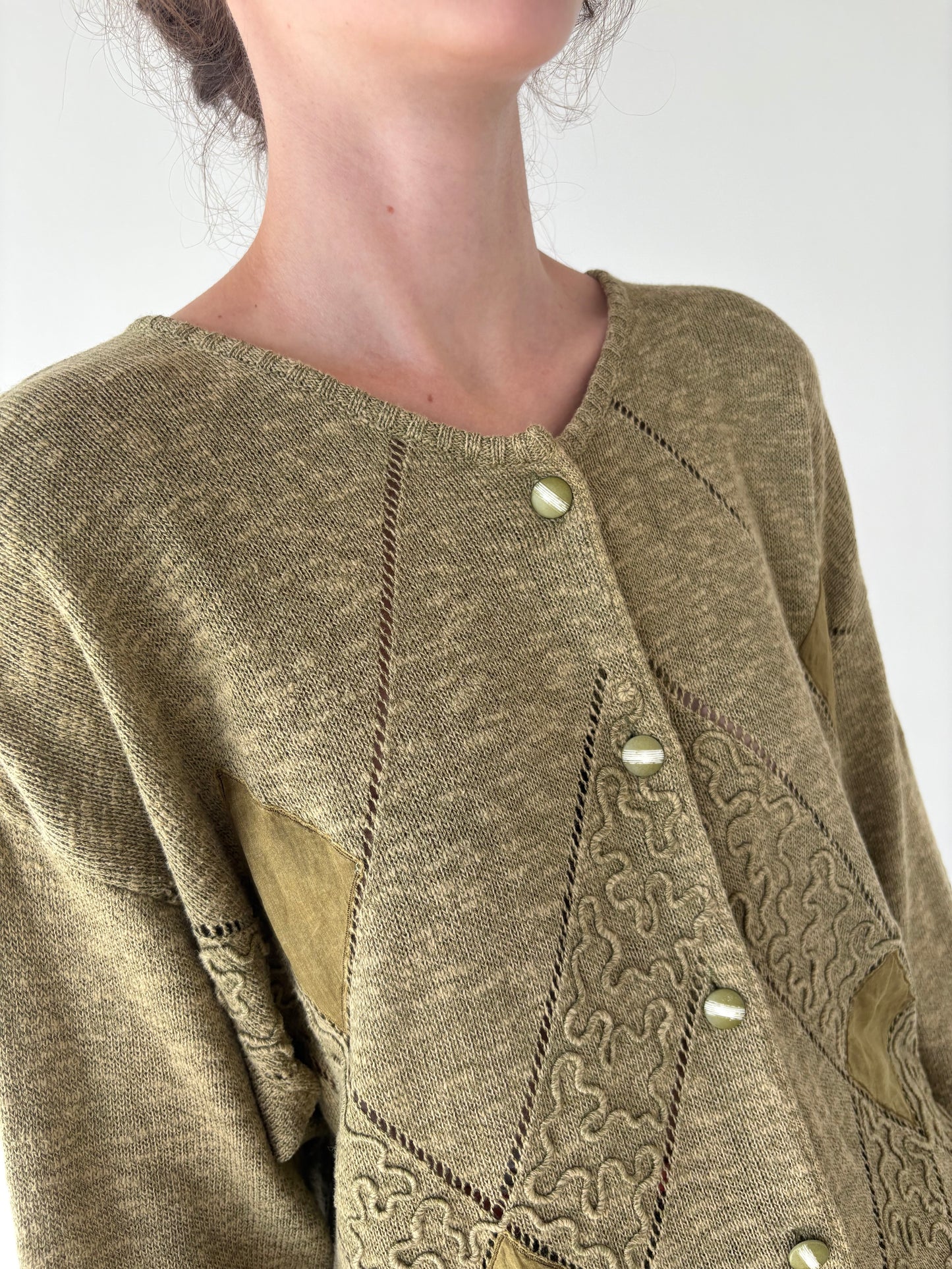 Cardigan vintage seaweed green italian lucrat patchwork și 3D
