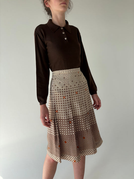 Fustă vintage nude plisata cu print chocolate brown