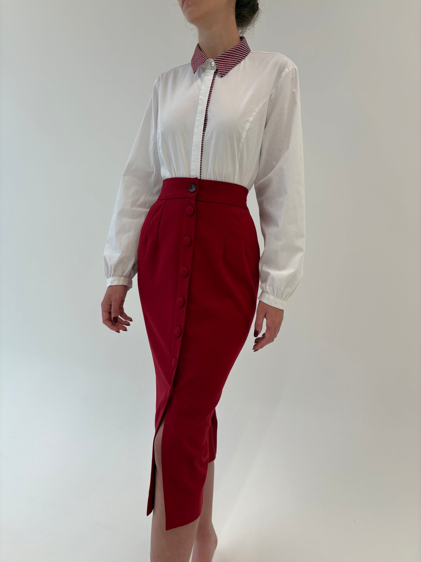Fustă dark cherry red din stofita midi spre maxi cu talie ultra înaltă marcată