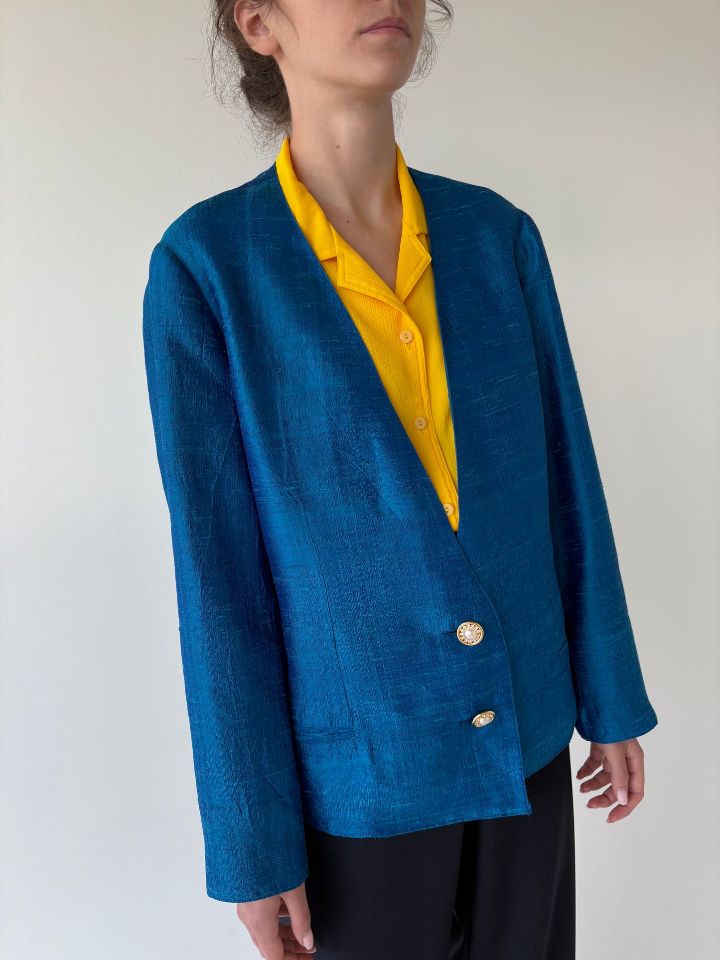 Sacou vintage albastru regal din mătase naturală dupioni