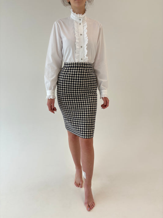 Fustă Navy cu ivoire pied du coq în stil Chanel din tweed cu talie ultra înaltă