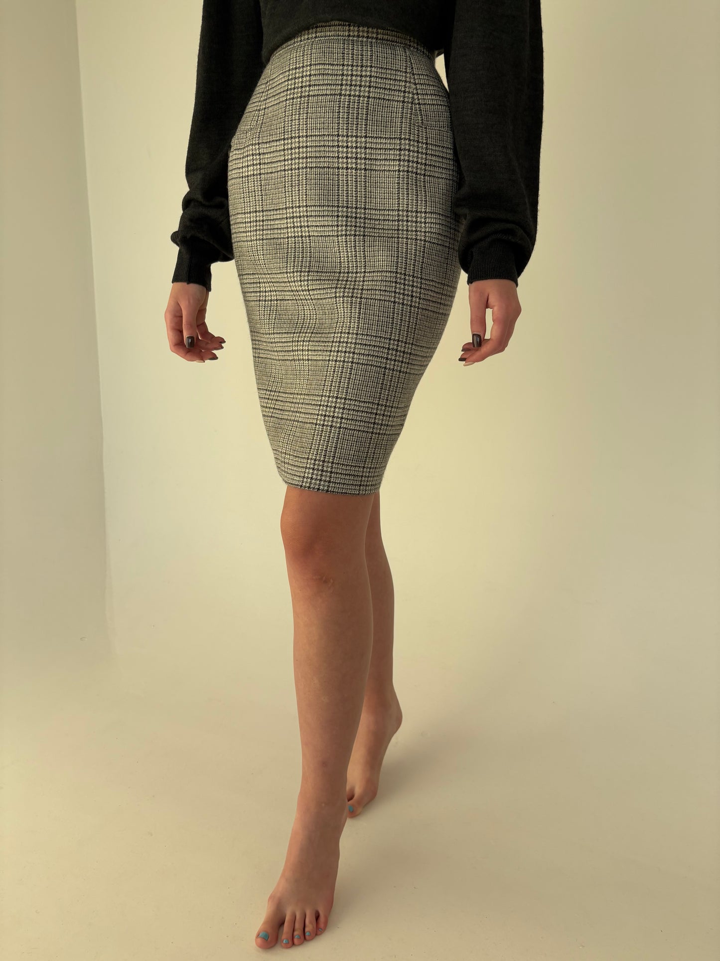 Fustă italiană din tweed de lana cu talie ultra înaltă în nuanțe neutre