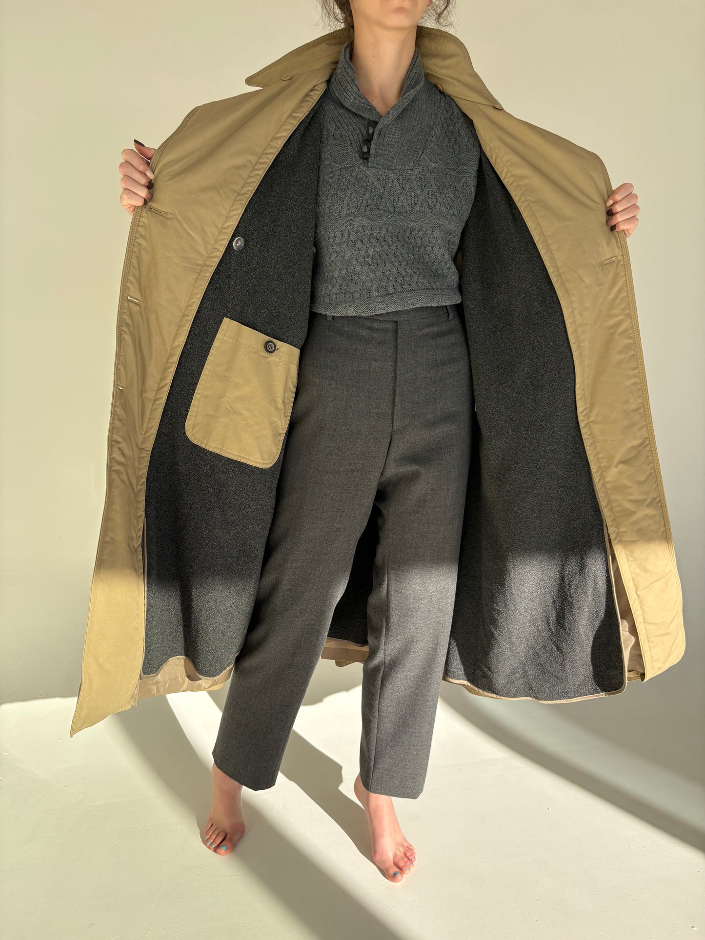 Trench vintage camel petite cu liner detașabil de lana extrafina