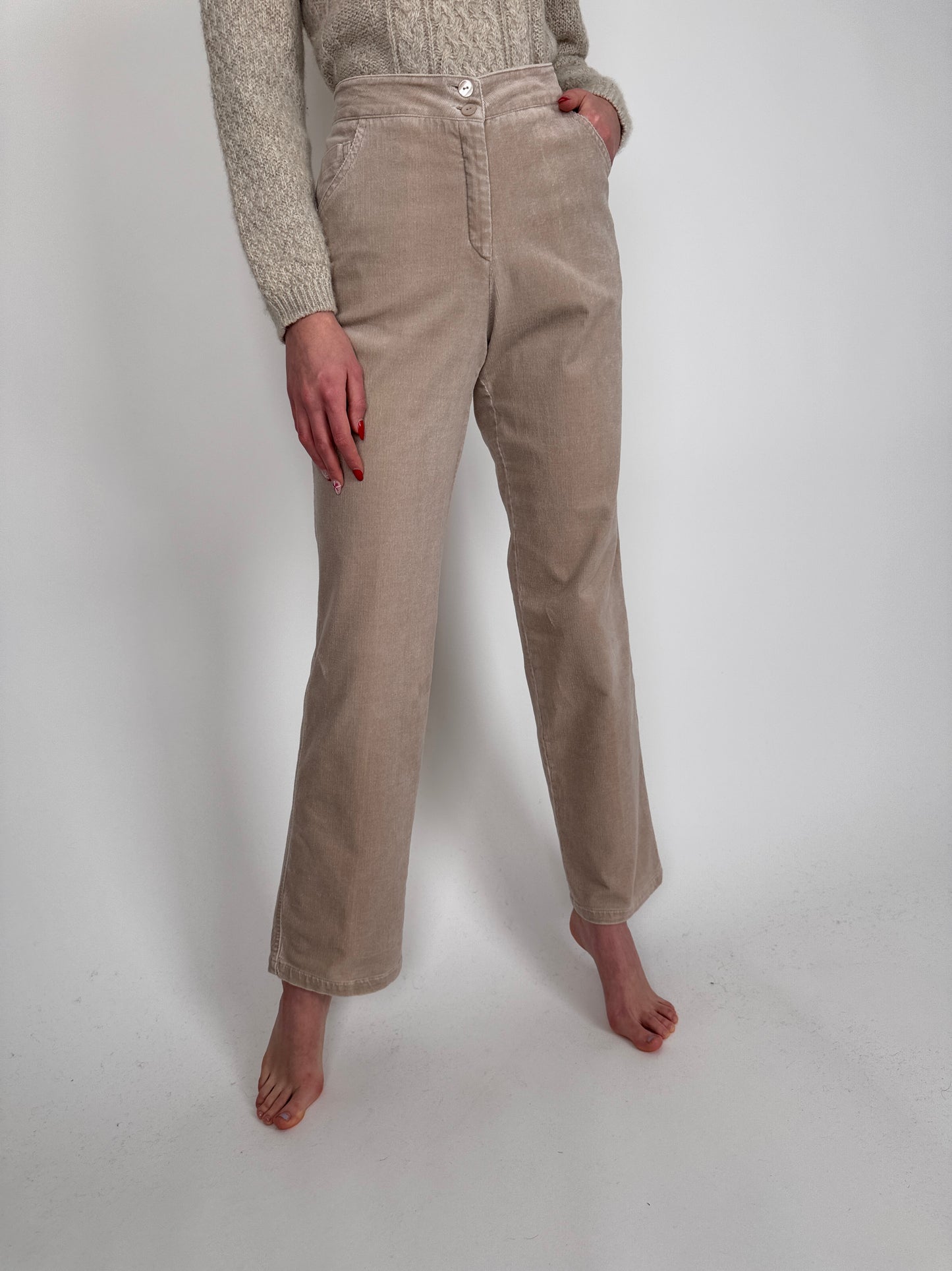 Pantaloni tall frosted toffee nude din catifea de bumbac strech