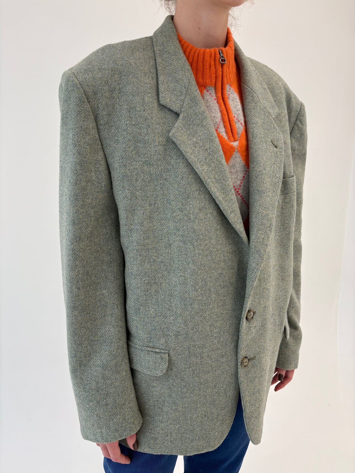 Sacou Sage green din tweed plin de lana excepțională cu inserții pudrate