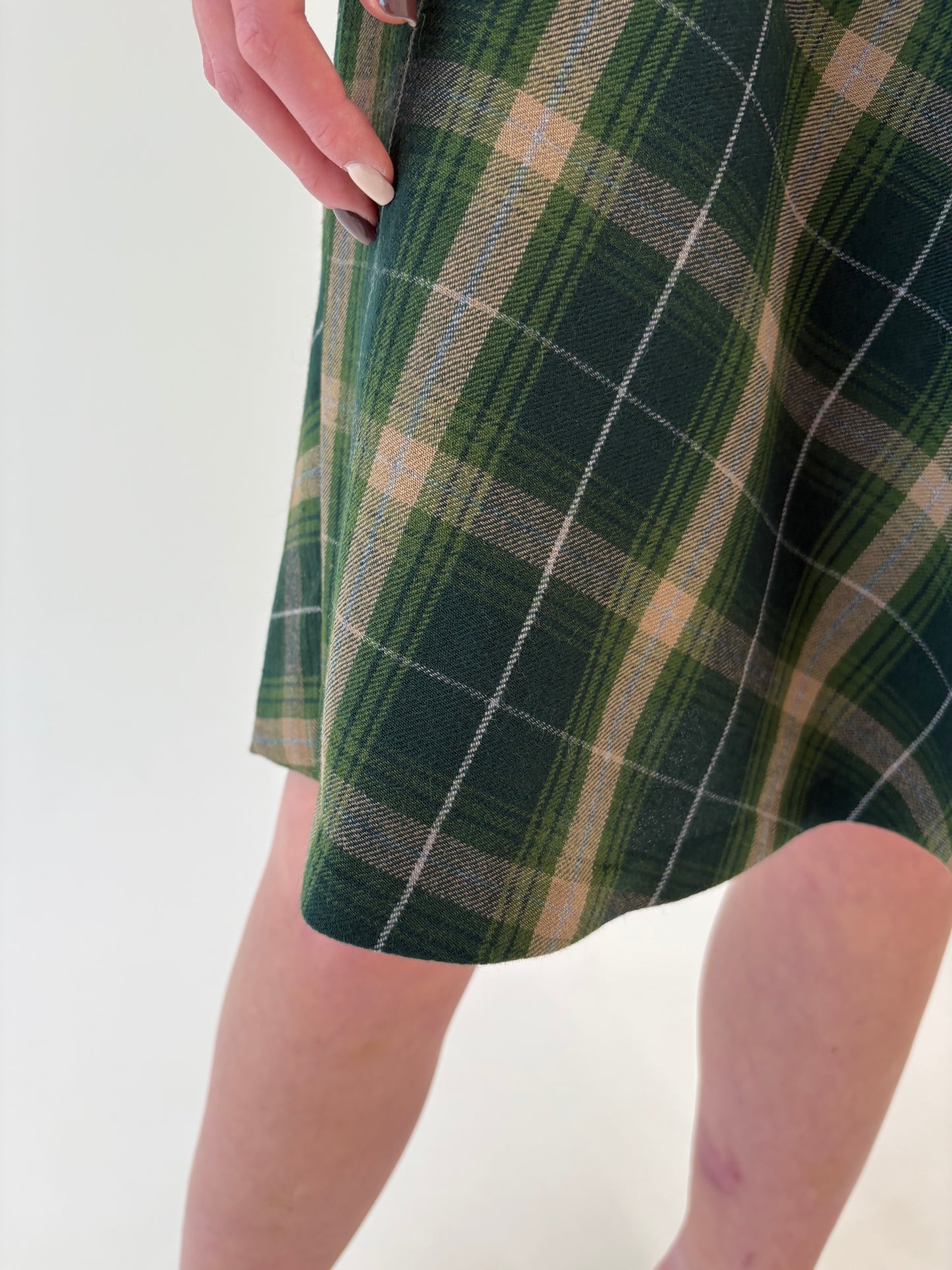 Fustă vintage din Tartan de lana green forest în carouri camel