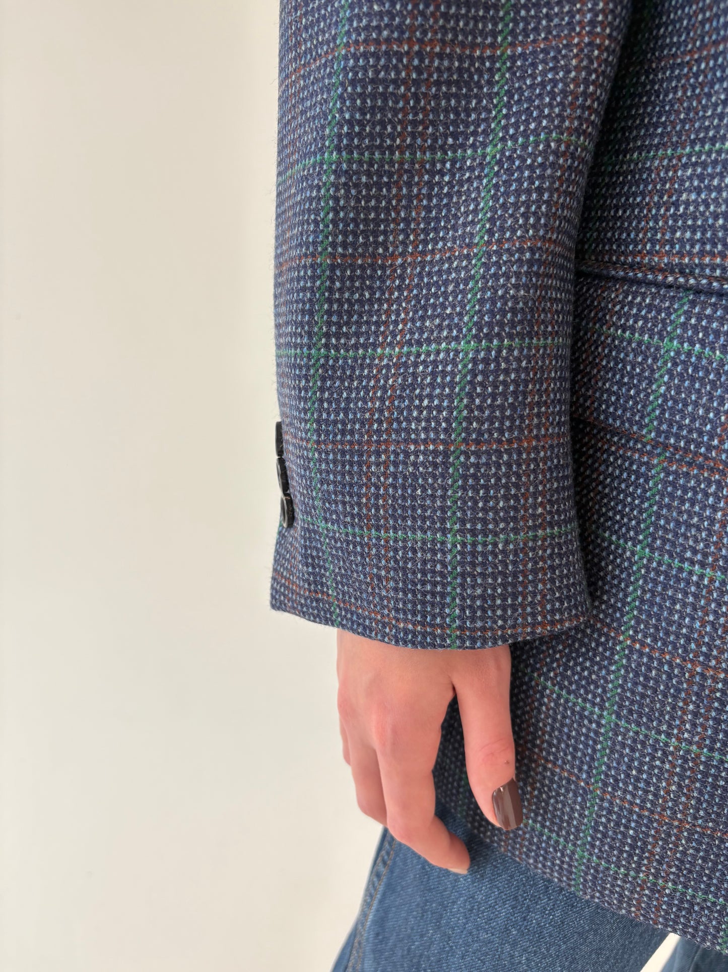 Sacou din stofă de lana ultra luxury Scabal groasă jeans blue în carouri