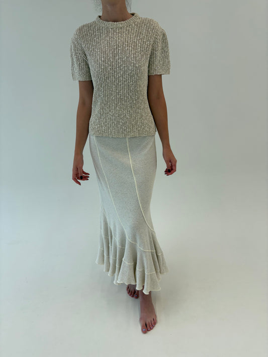 Fusta maxi mermaid în croi elaborat din jerse excepțional light butter nude