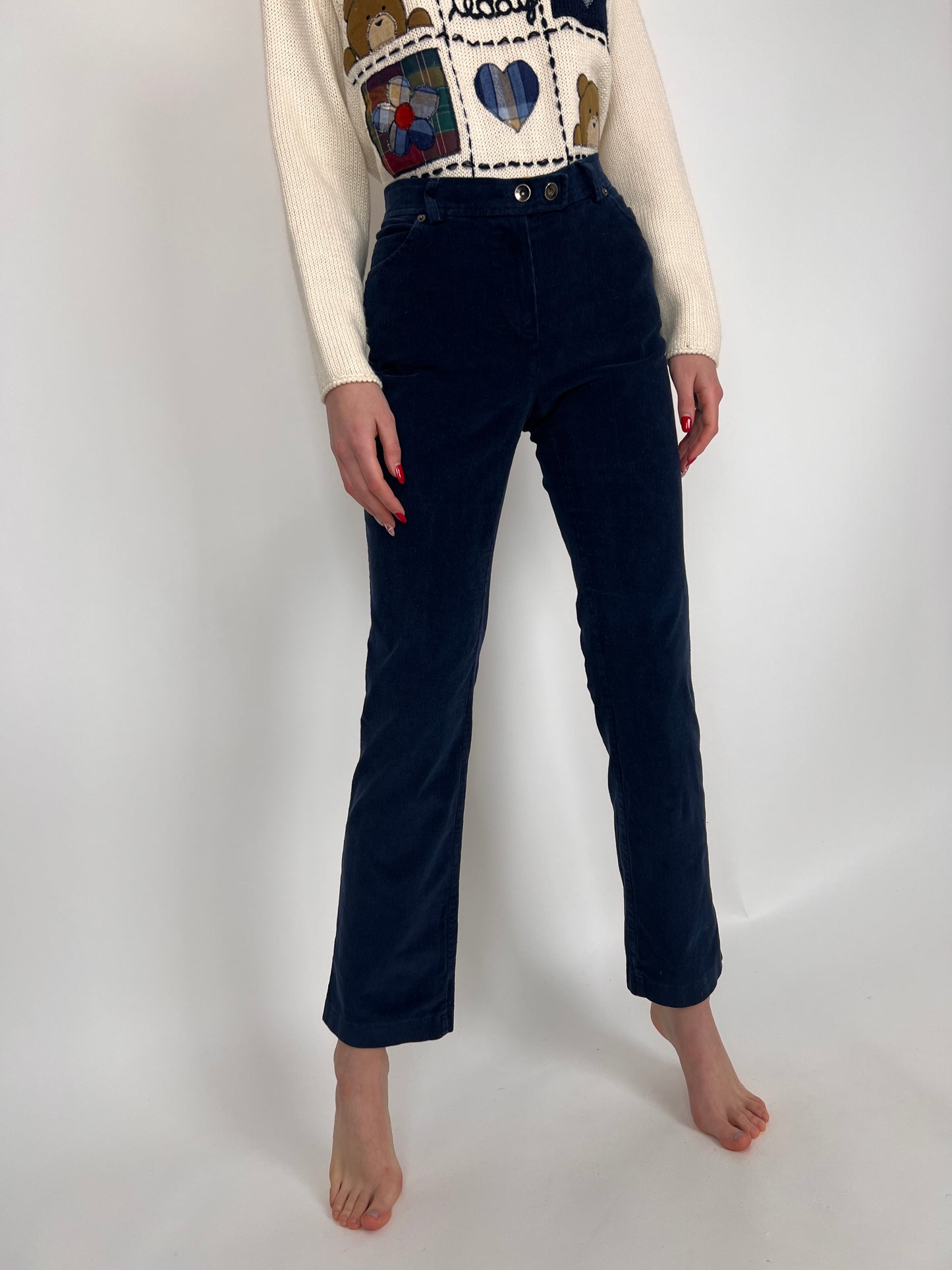 Pantaloni tall albastru cerneală din catifea de bumbac cu elastan