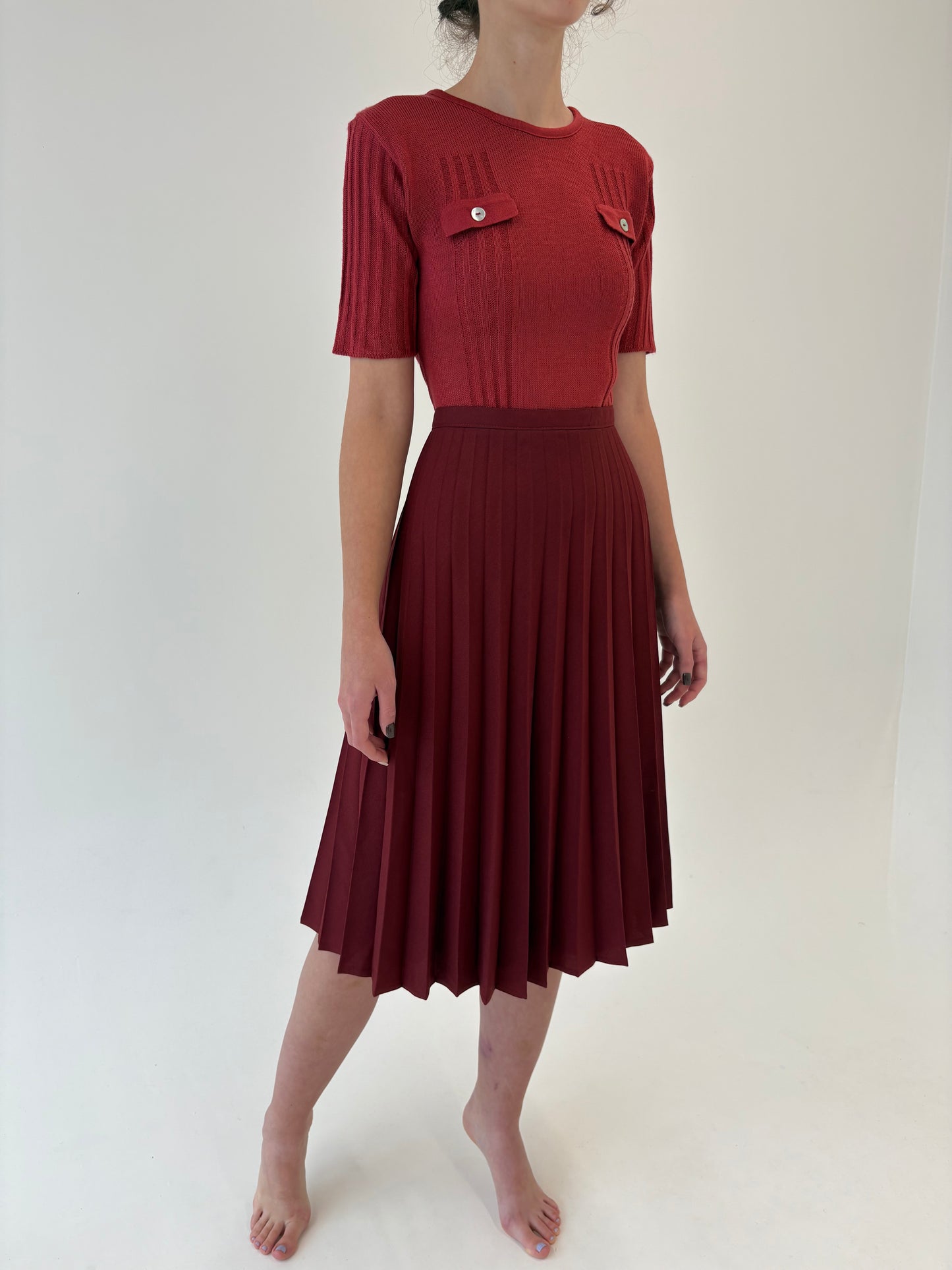 Fustă vintage plisată Marsala red cu talie ultra înaltă din stofita