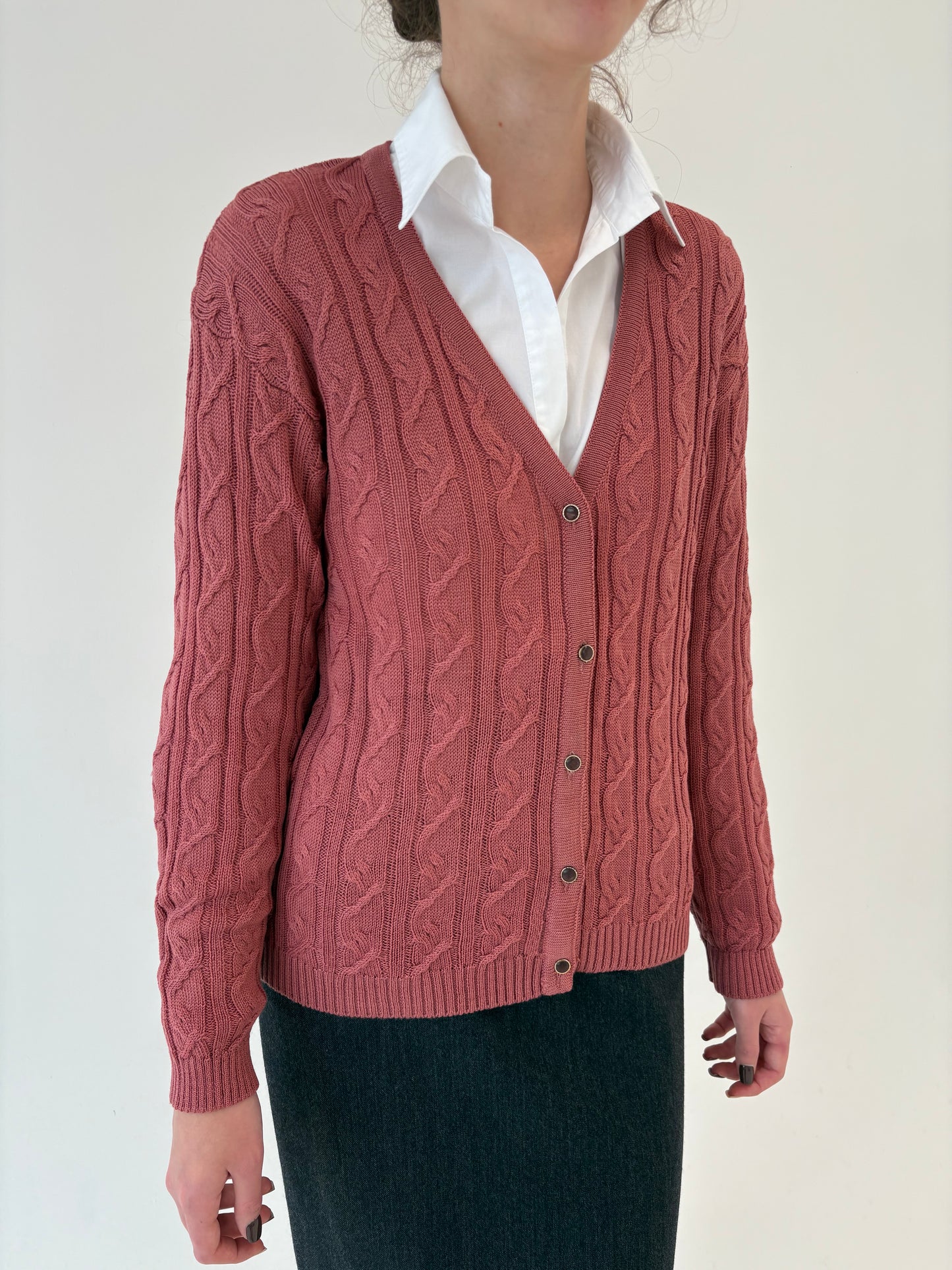 Cardigan vintage cu torsade dusty pink din lana plină extrafina
